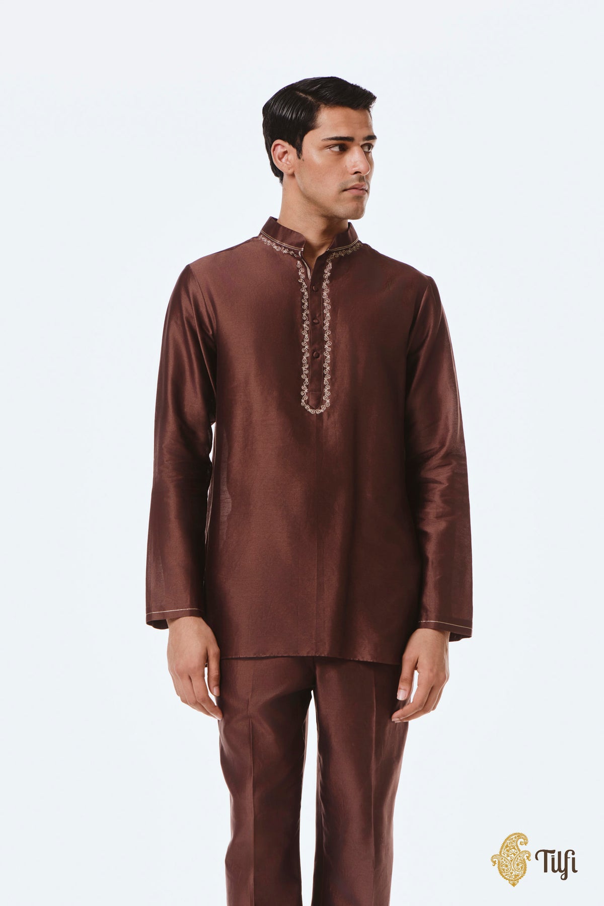Brown Pure Chanderi Silk Hand-Embroidered Kurta Set
