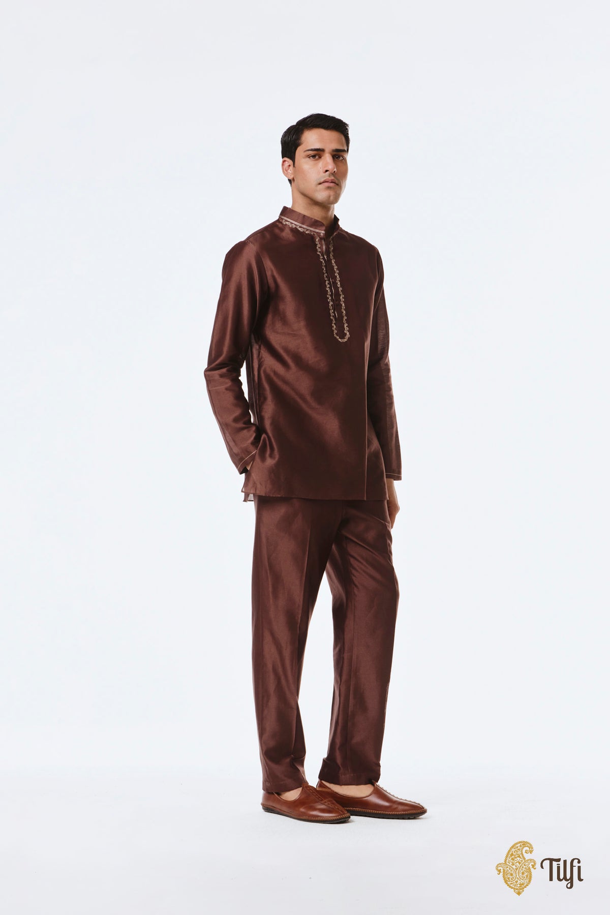 Brown Pure Chanderi Silk Hand-Embroidered Kurta Set