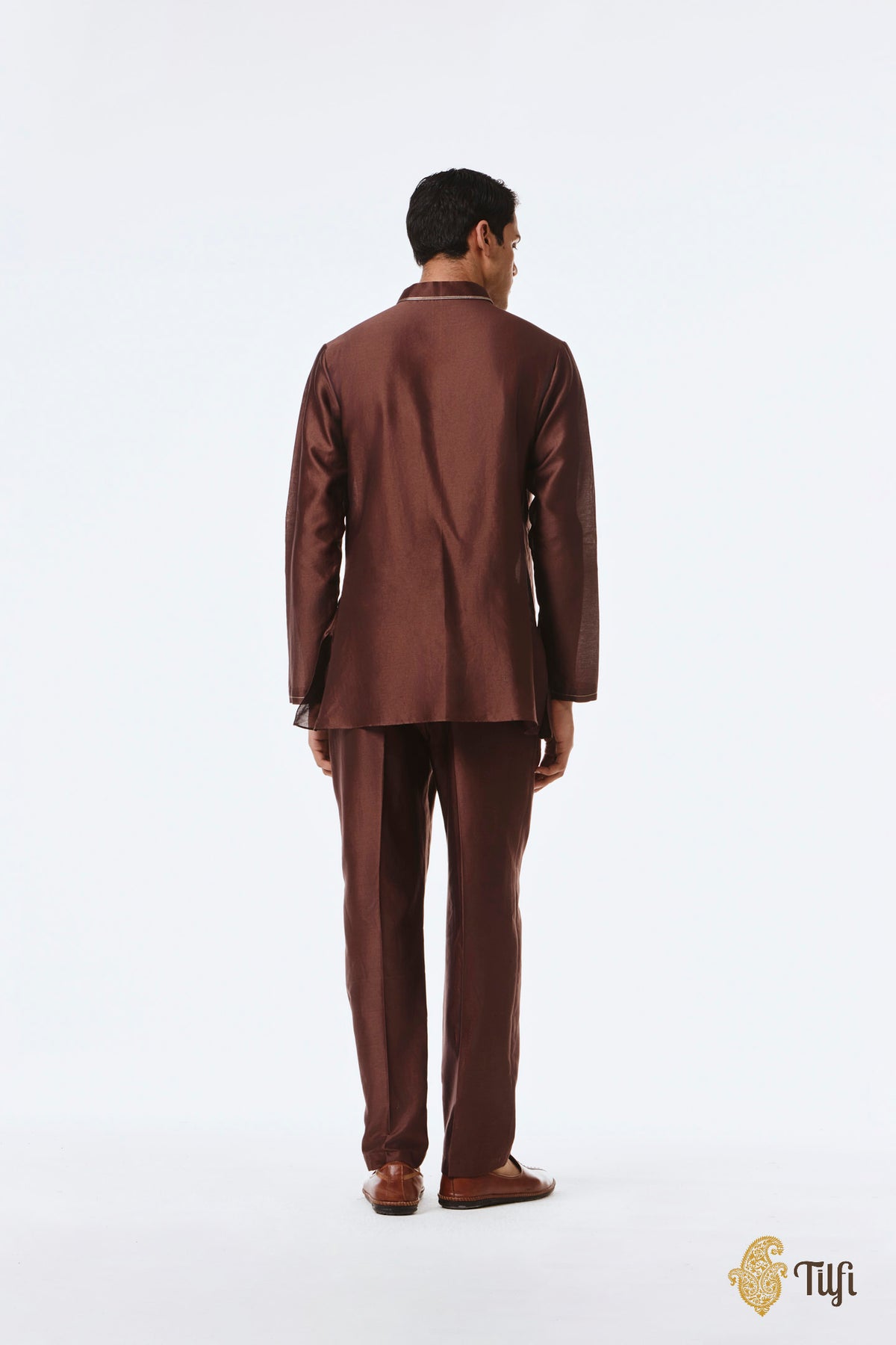 Brown Pure Chanderi Silk Hand-Embroidered Kurta Set