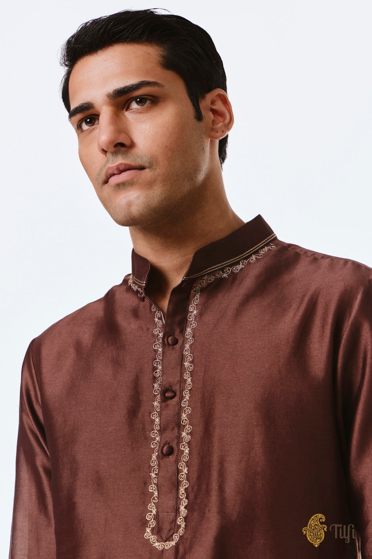 Brown Pure Chanderi Silk Hand-Embroidered Kurta Set