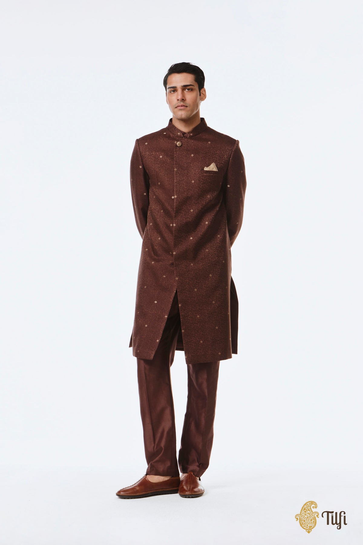 Brown Pure Satin Silk Handwoven Sherwani