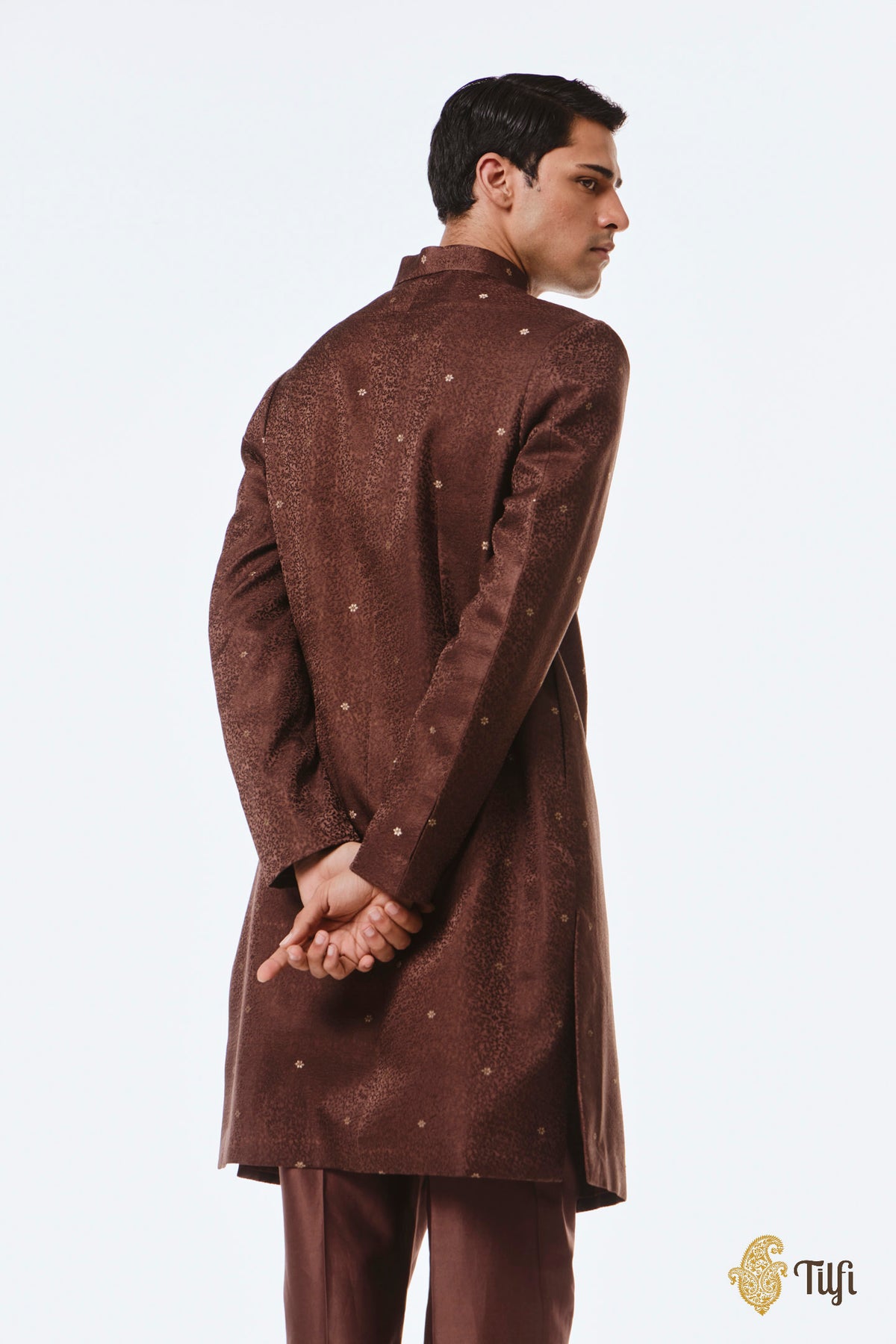 Brown Pure Satin Silk Handwoven Sherwani