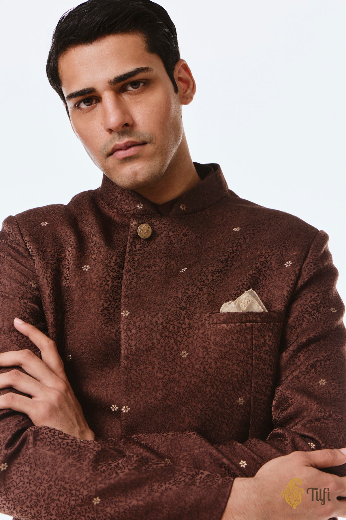 Brown Pure Satin Silk Handwoven Sherwani