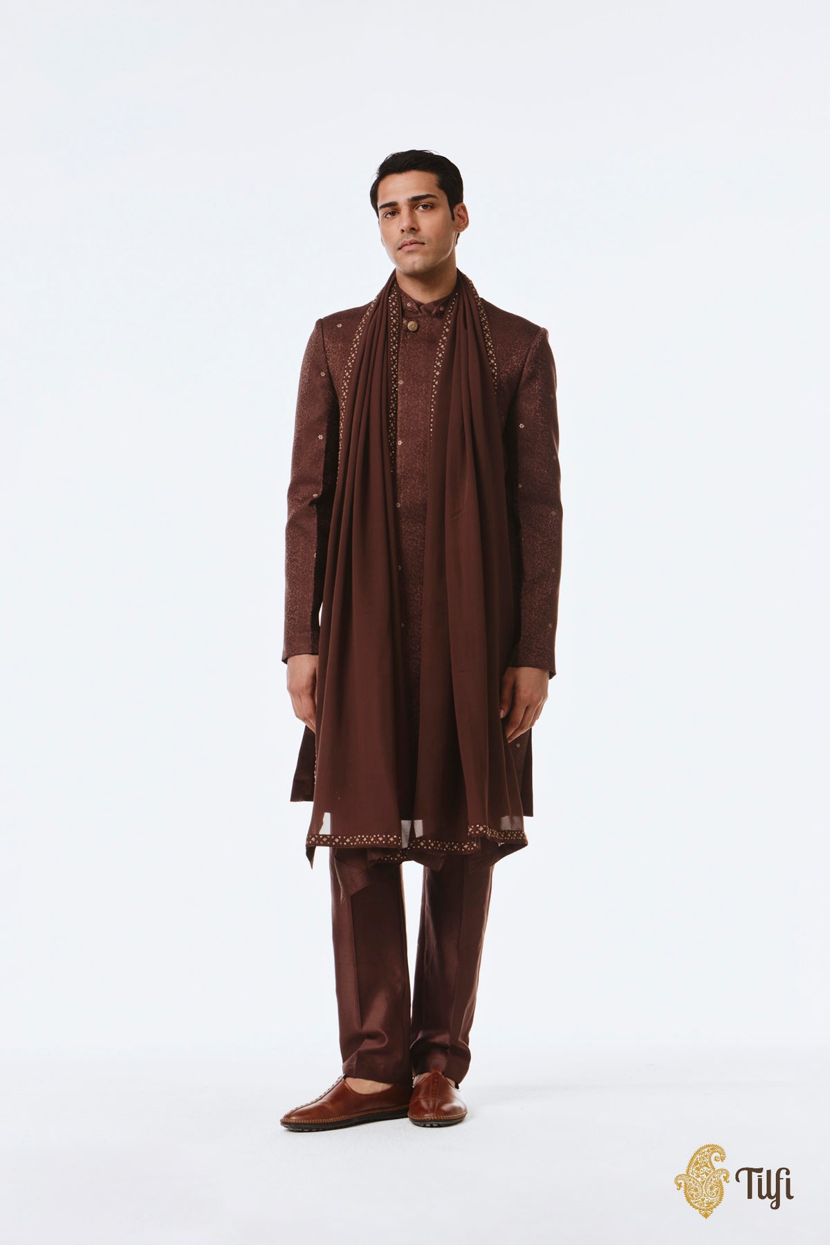 Brown Pure Satin Silk Handwoven Sherwani
