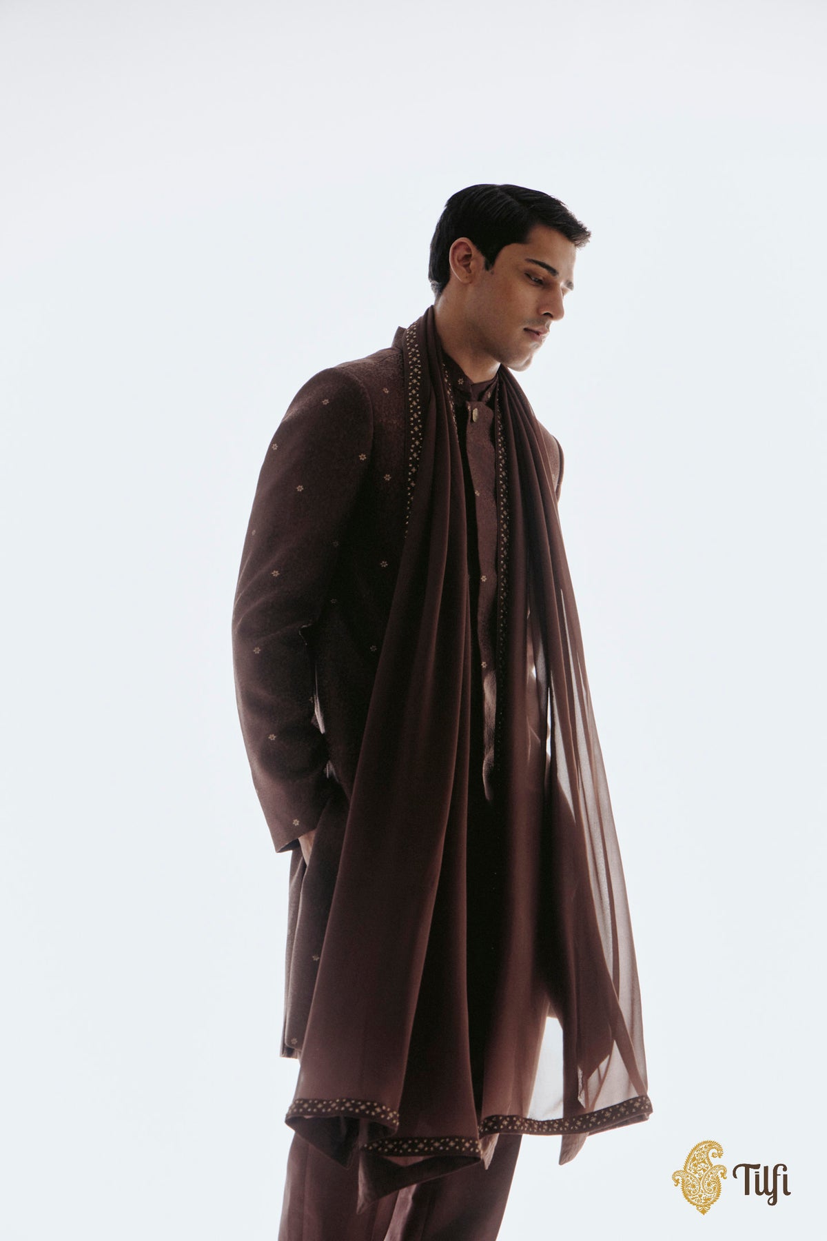 Brown Pure Satin Silk Handwoven Sherwani