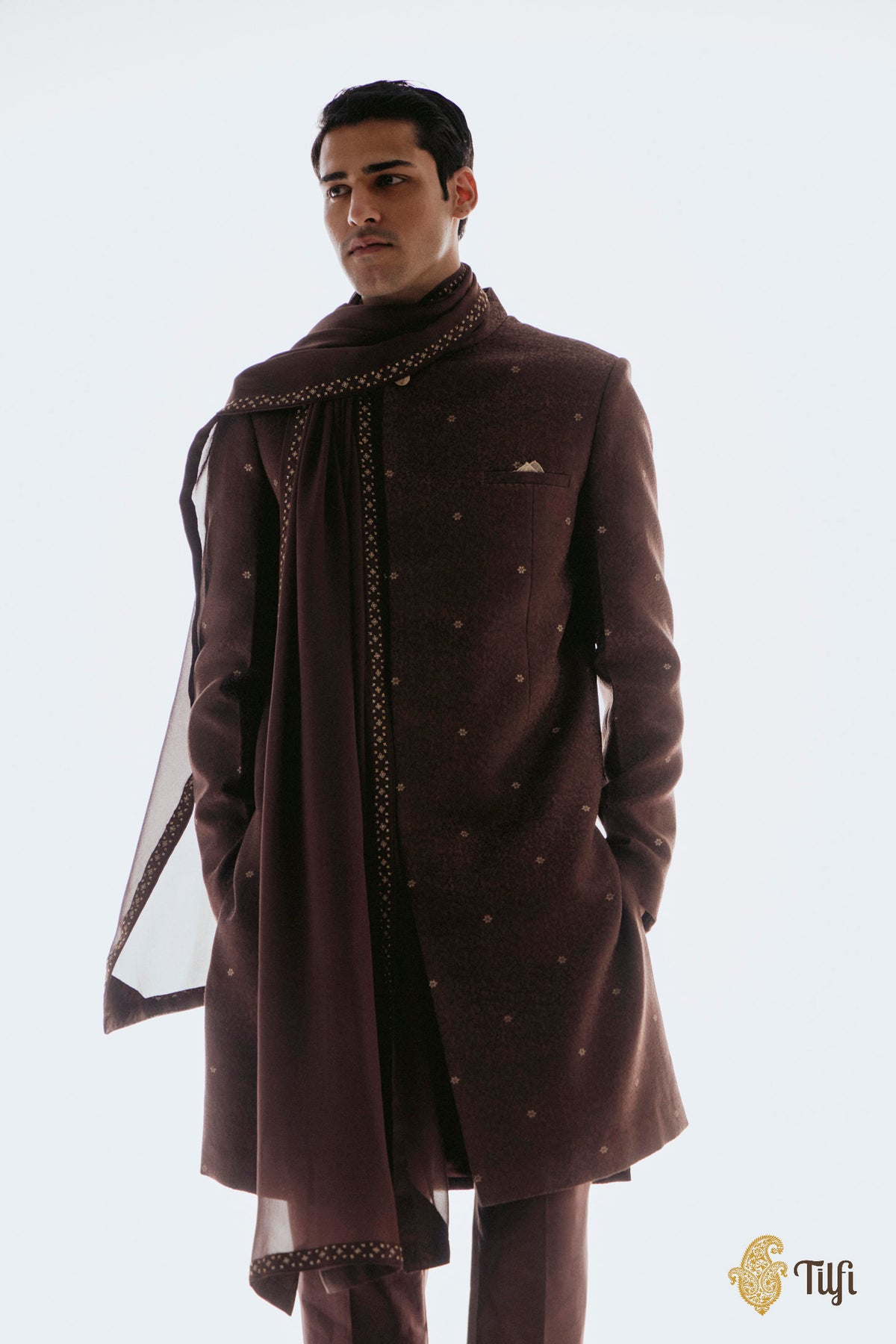 Brown Pure Satin Silk Handwoven Sherwani