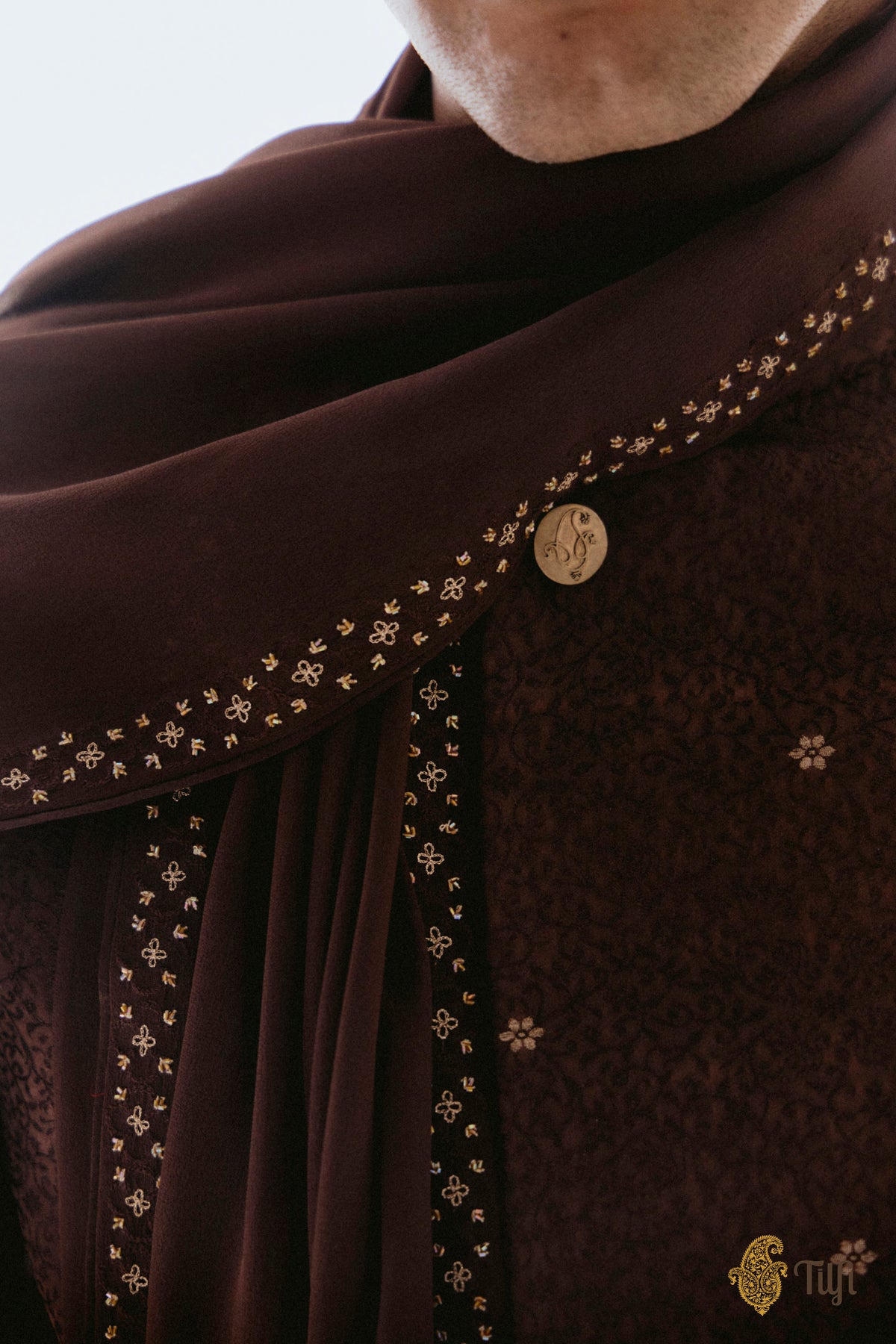 Brown Pure Satin Silk Handwoven Sherwani