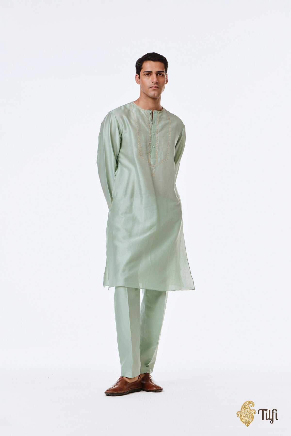 Mint Green Pure Chanderi Silk Hand-Embroidered Kurta Set