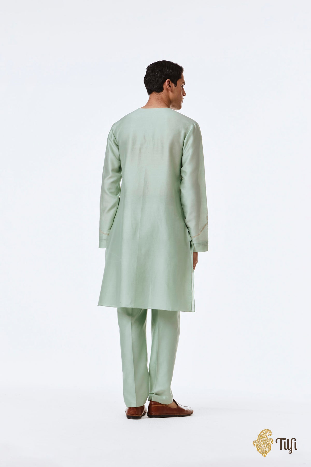 Mint Green Pure Chanderi Silk Hand-Embroidered Kurta Set
