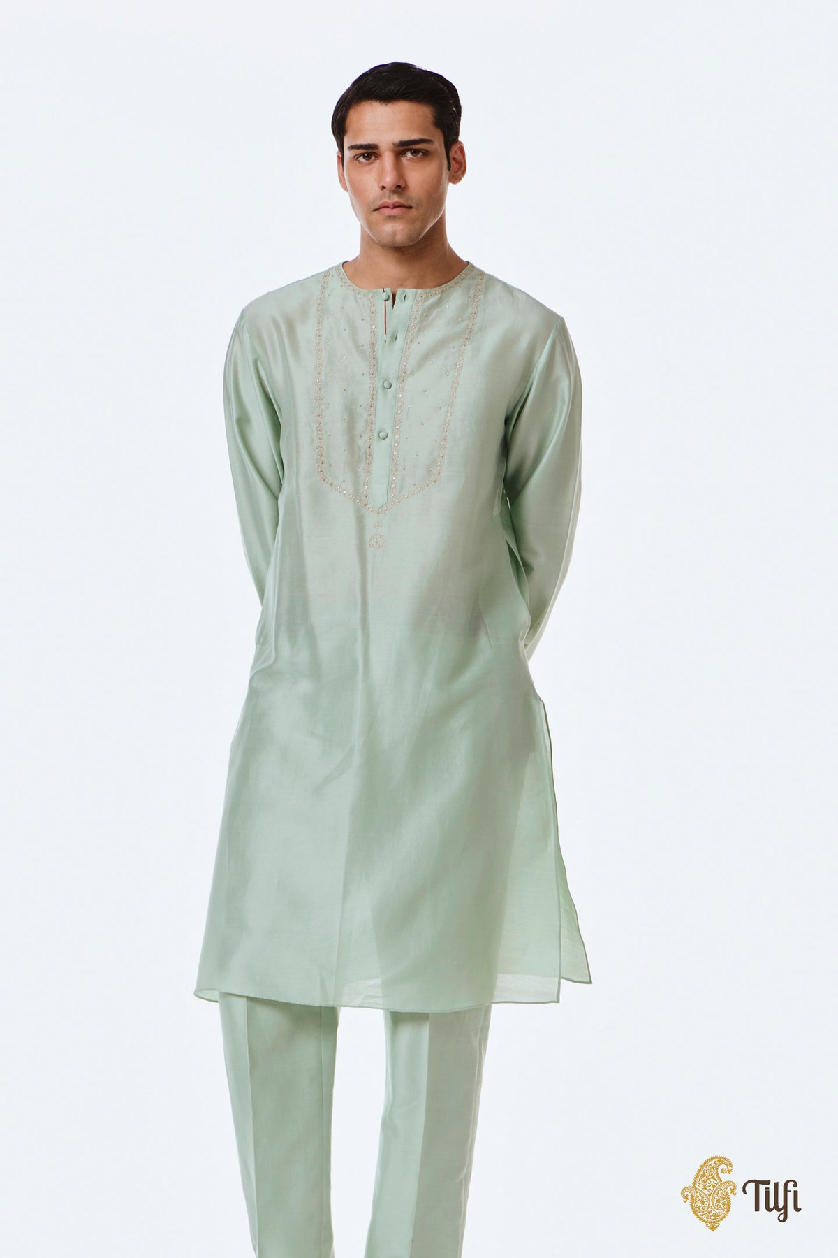 Mint Green Pure Chanderi Silk Hand-Embroidered Kurta Set