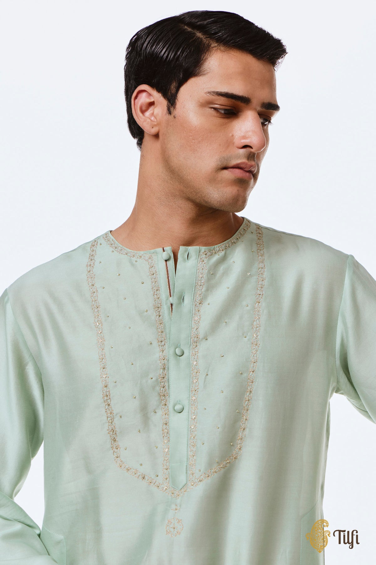 Mint Green Pure Chanderi Silk Hand-Embroidered Kurta Set
