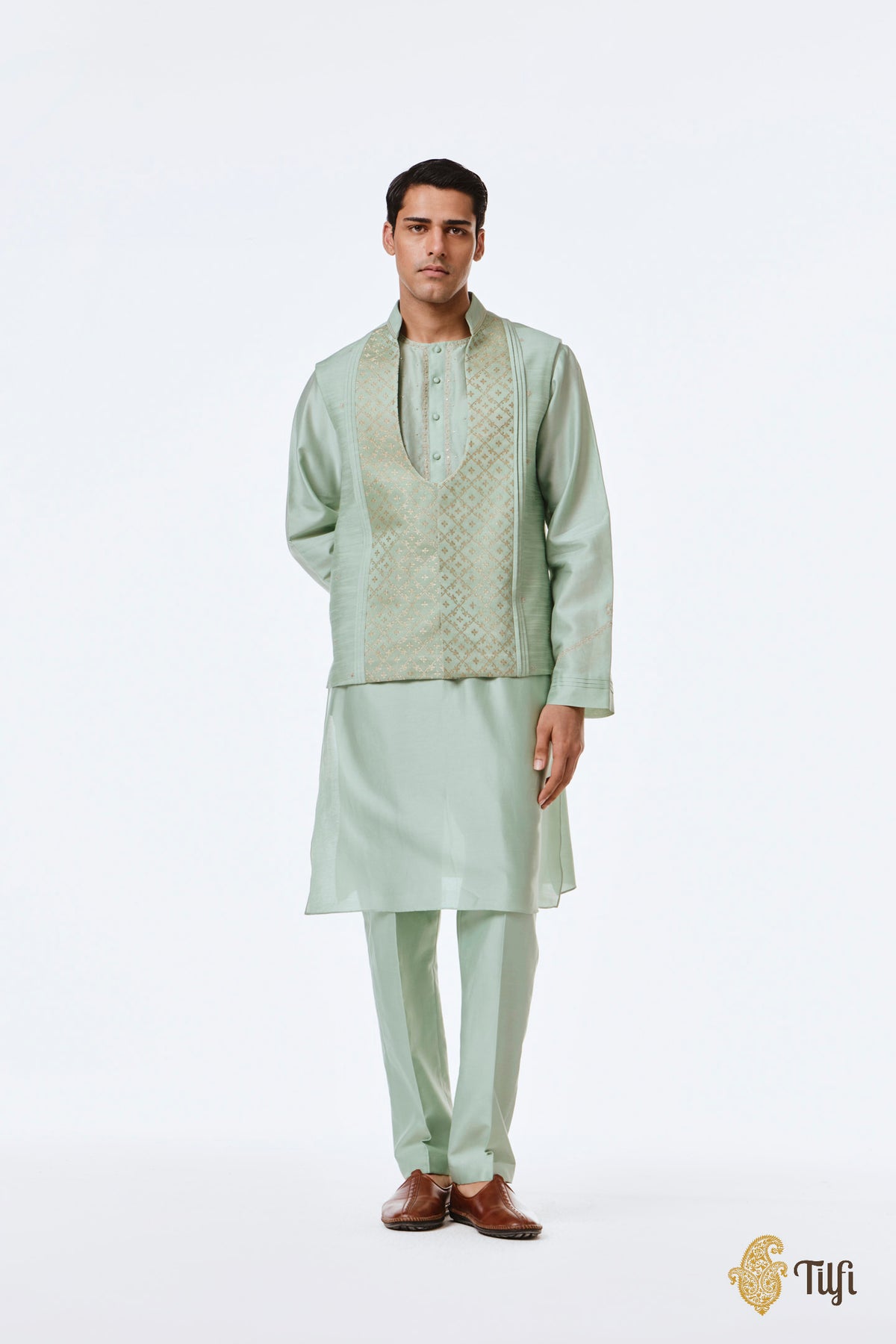 Mint Green Pure Raw Silk Handwoven Sadri