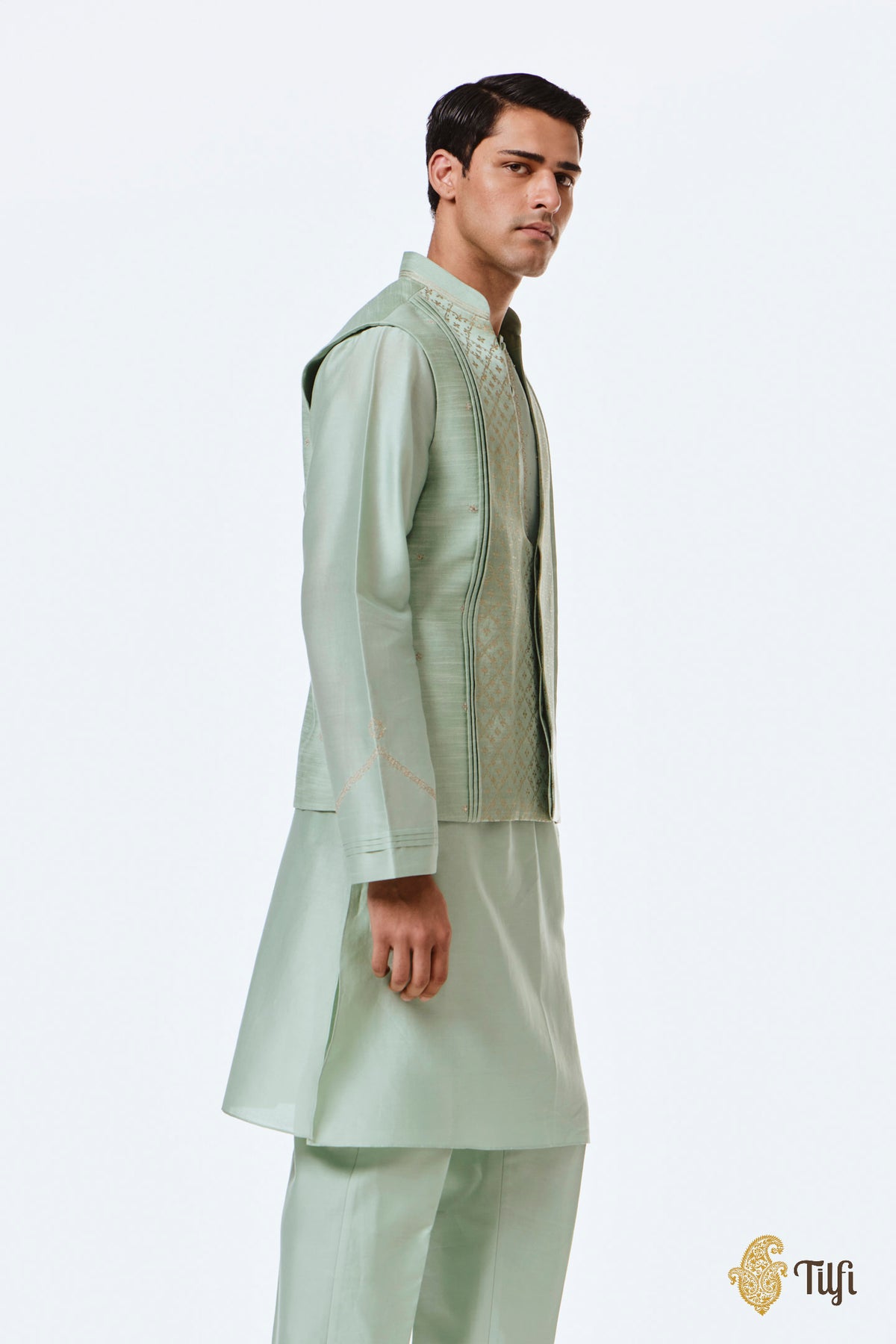 Mint Green Pure Raw Silk Handwoven Sadri