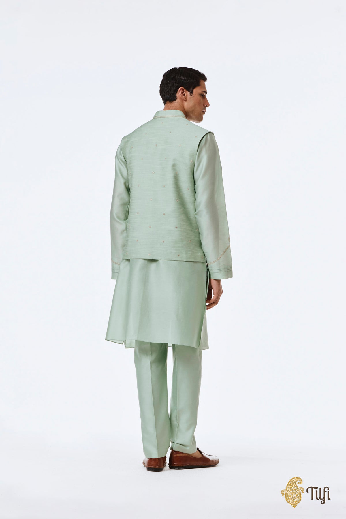 Mint Green Pure Raw Silk Handwoven Sadri
