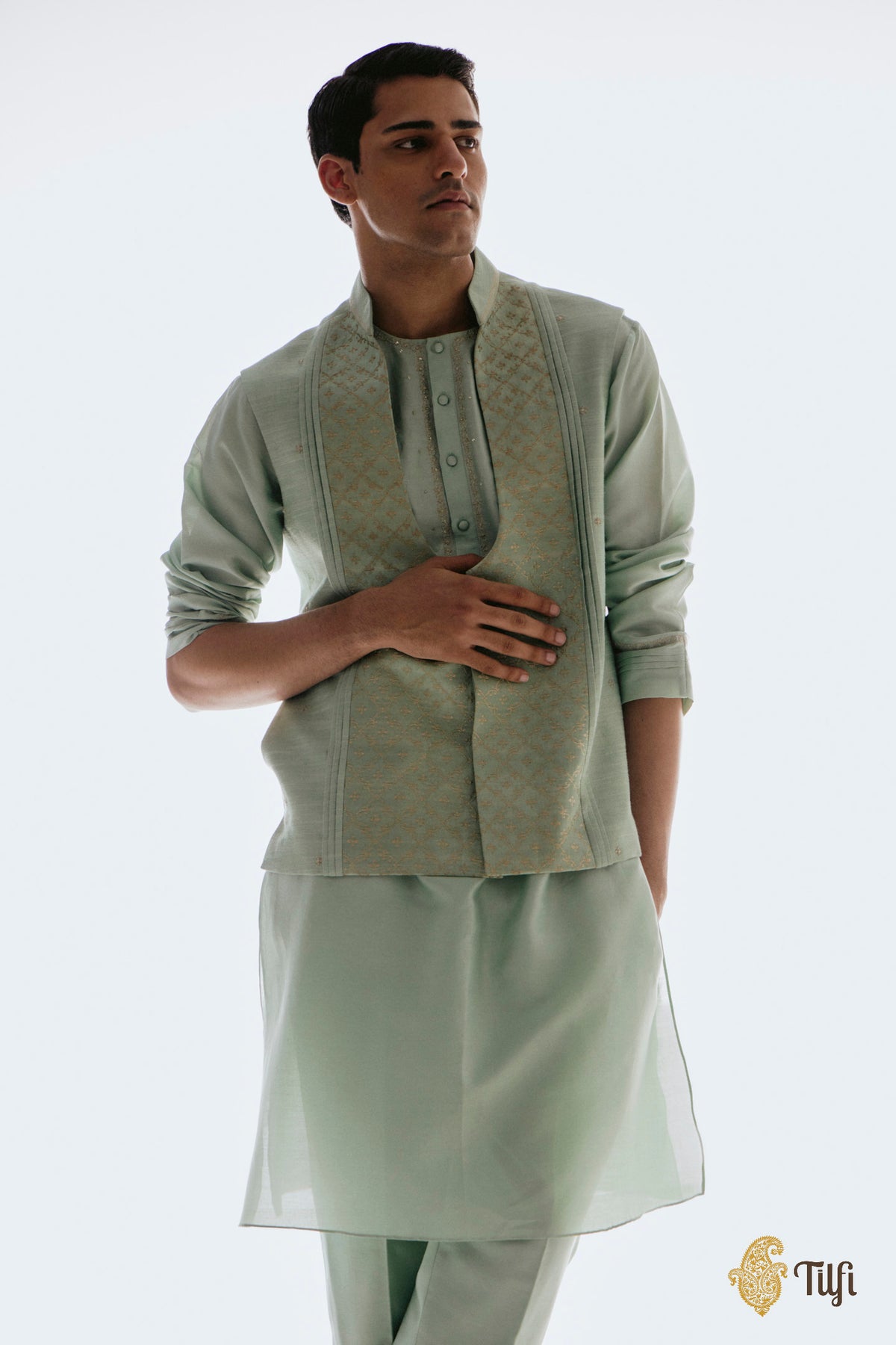 Mint Green Pure Raw Silk Handwoven Sadri