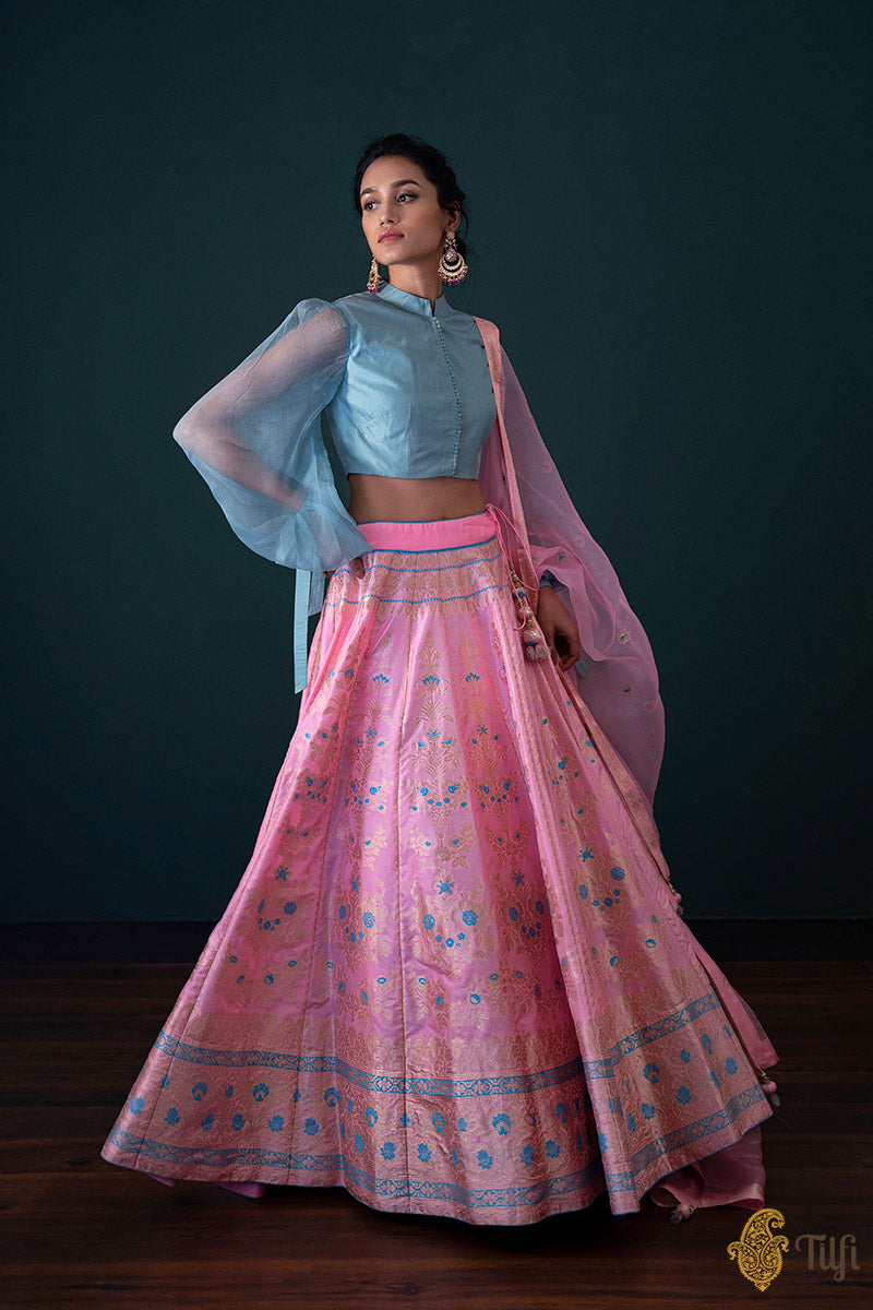 Neon Pink Pure Katan Silk Banarasi Handloom Lehenga Set