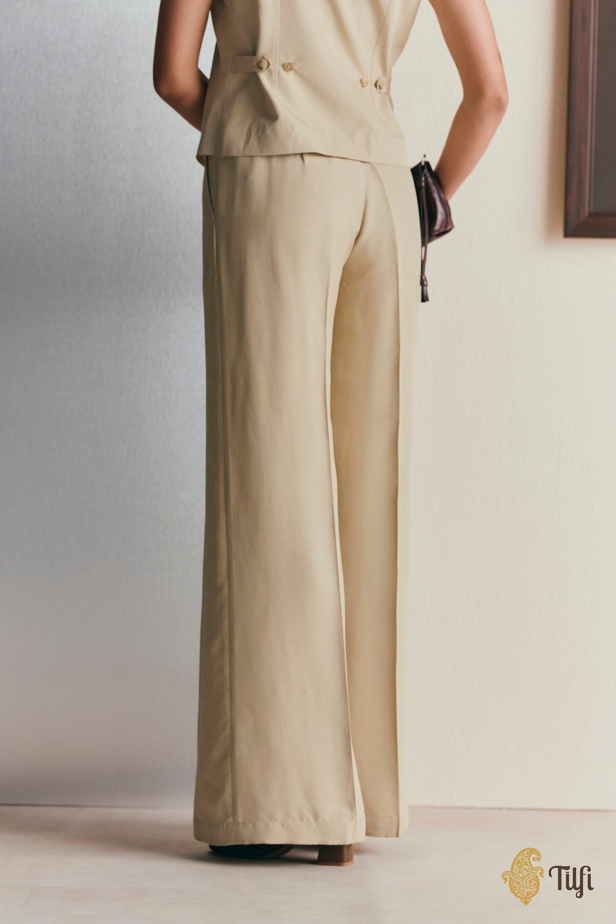 Beige Pure Silk Rib Pants