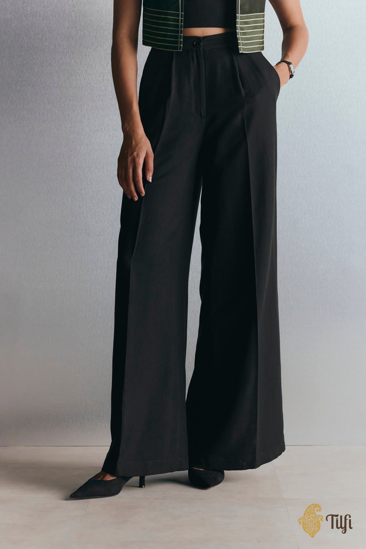 Black Pure Silk Rib Pants