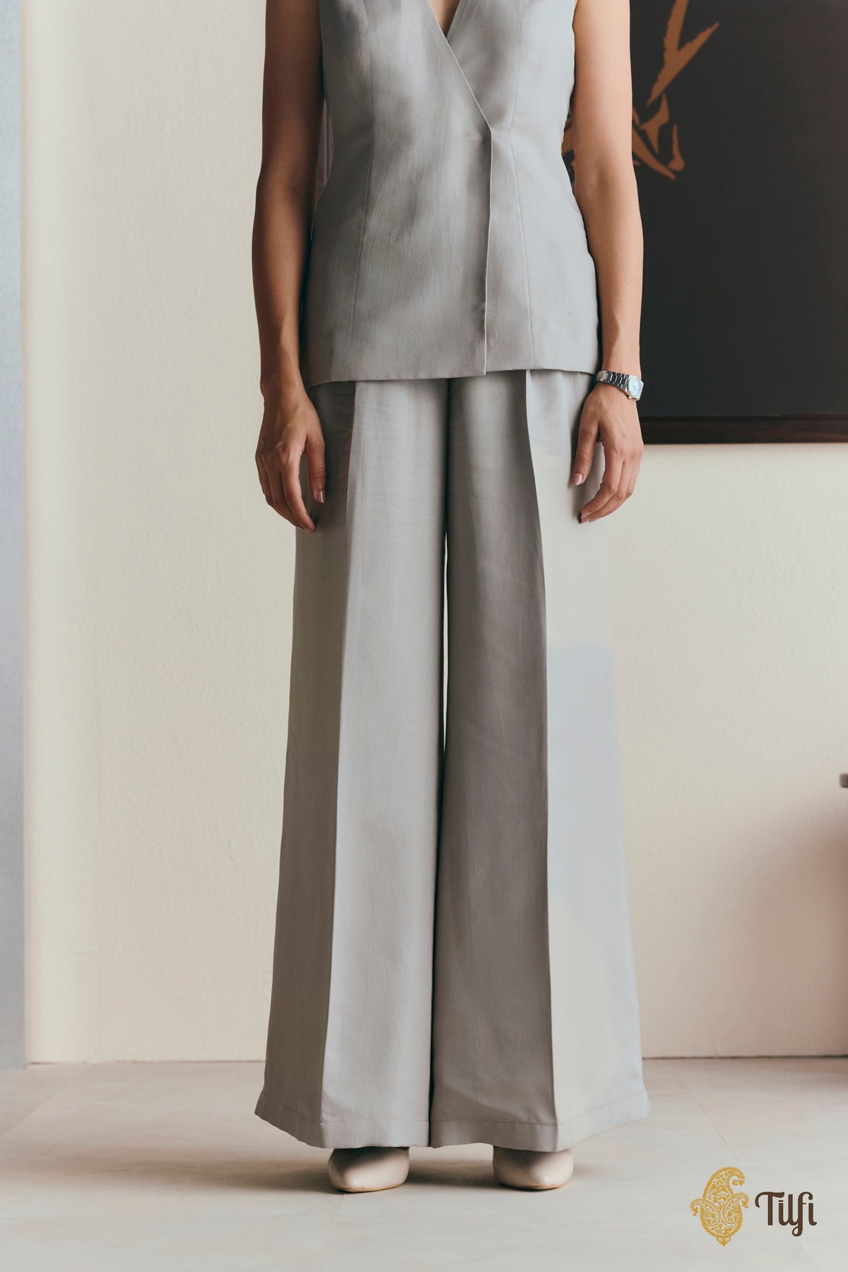 Grey Pure Silk Rib Pants