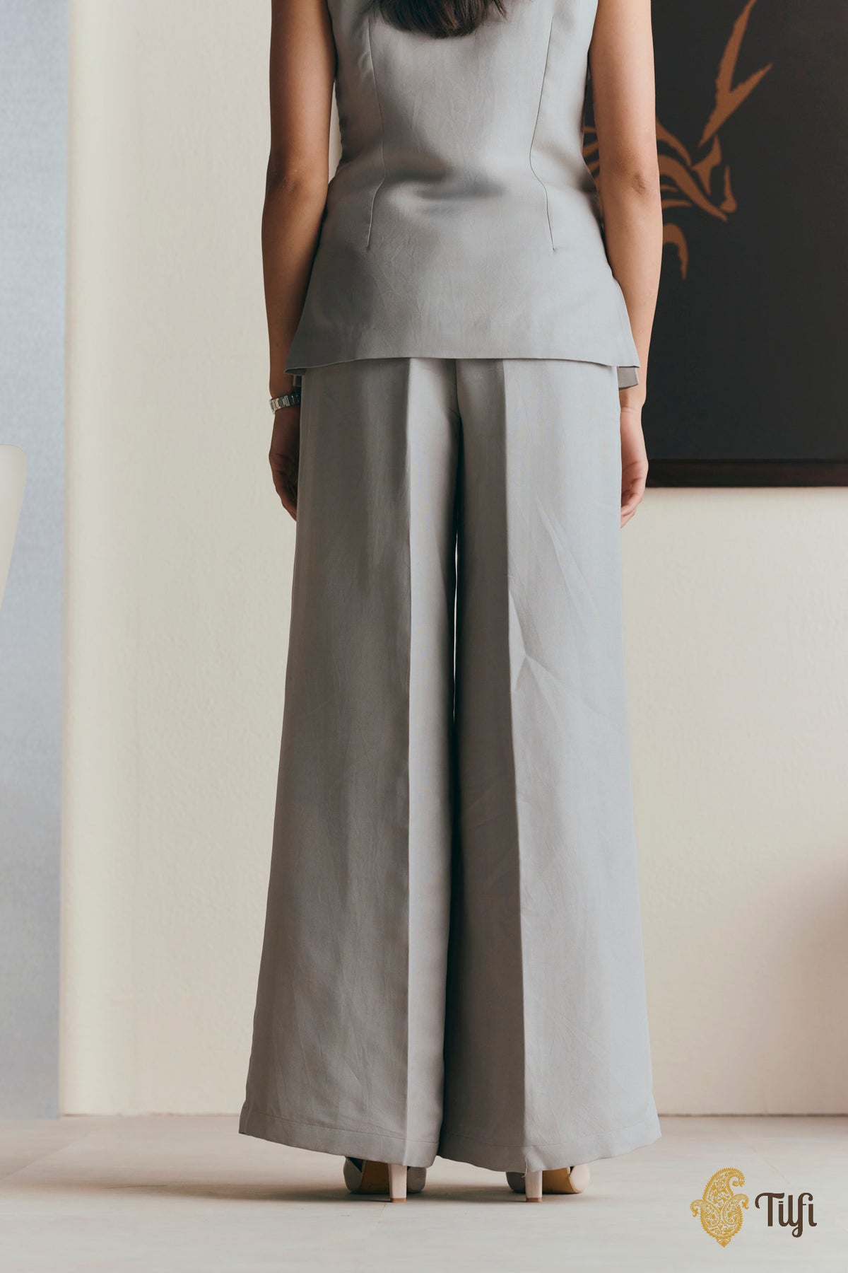 Grey Pure Silk Rib Pants