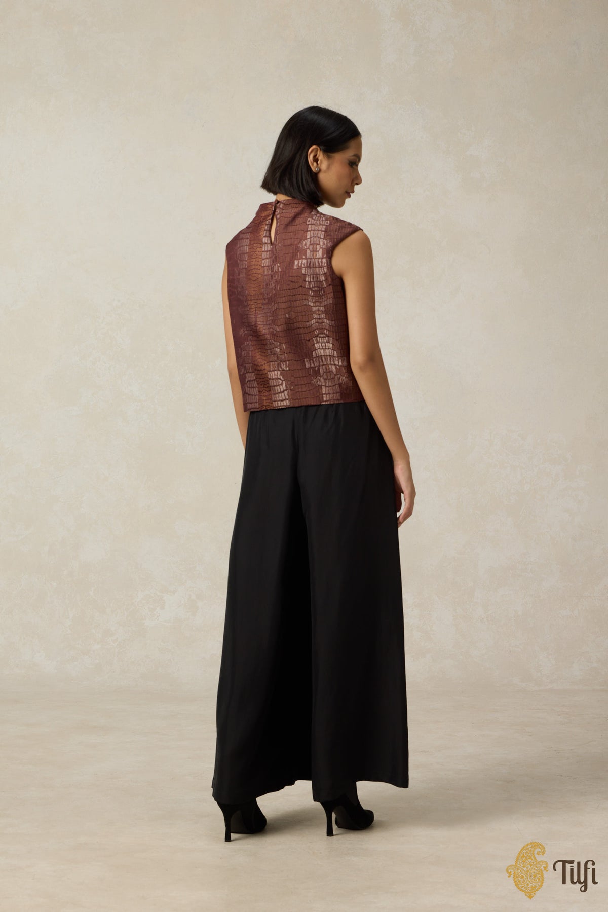 Copper Brown Pure Satin Silk Handwoven Crocodile Pattern Top