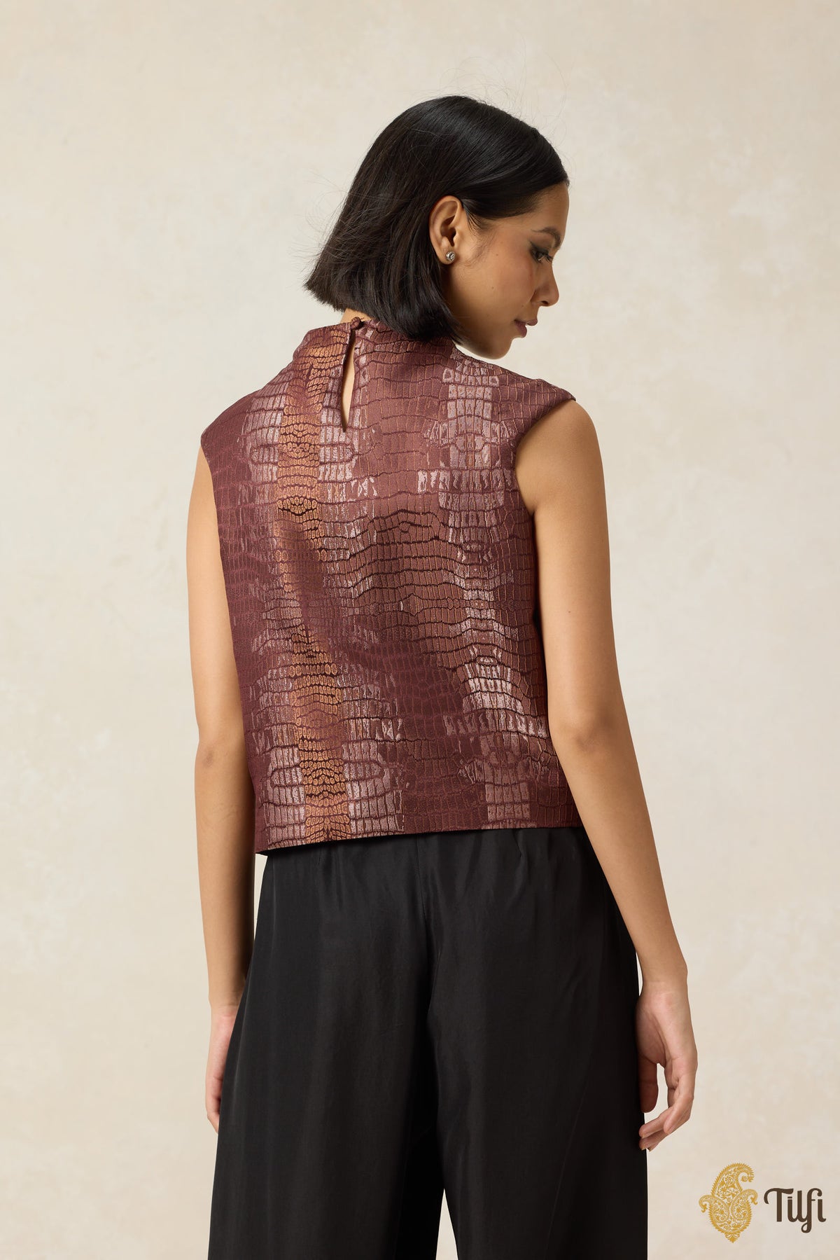 Copper Brown Pure Satin Silk Handwoven Crocodile Pattern Top