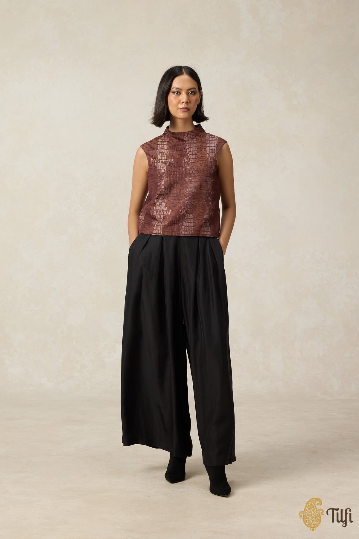 Copper Brown Pure Satin Silk Handwoven Crocodile Pattern Top