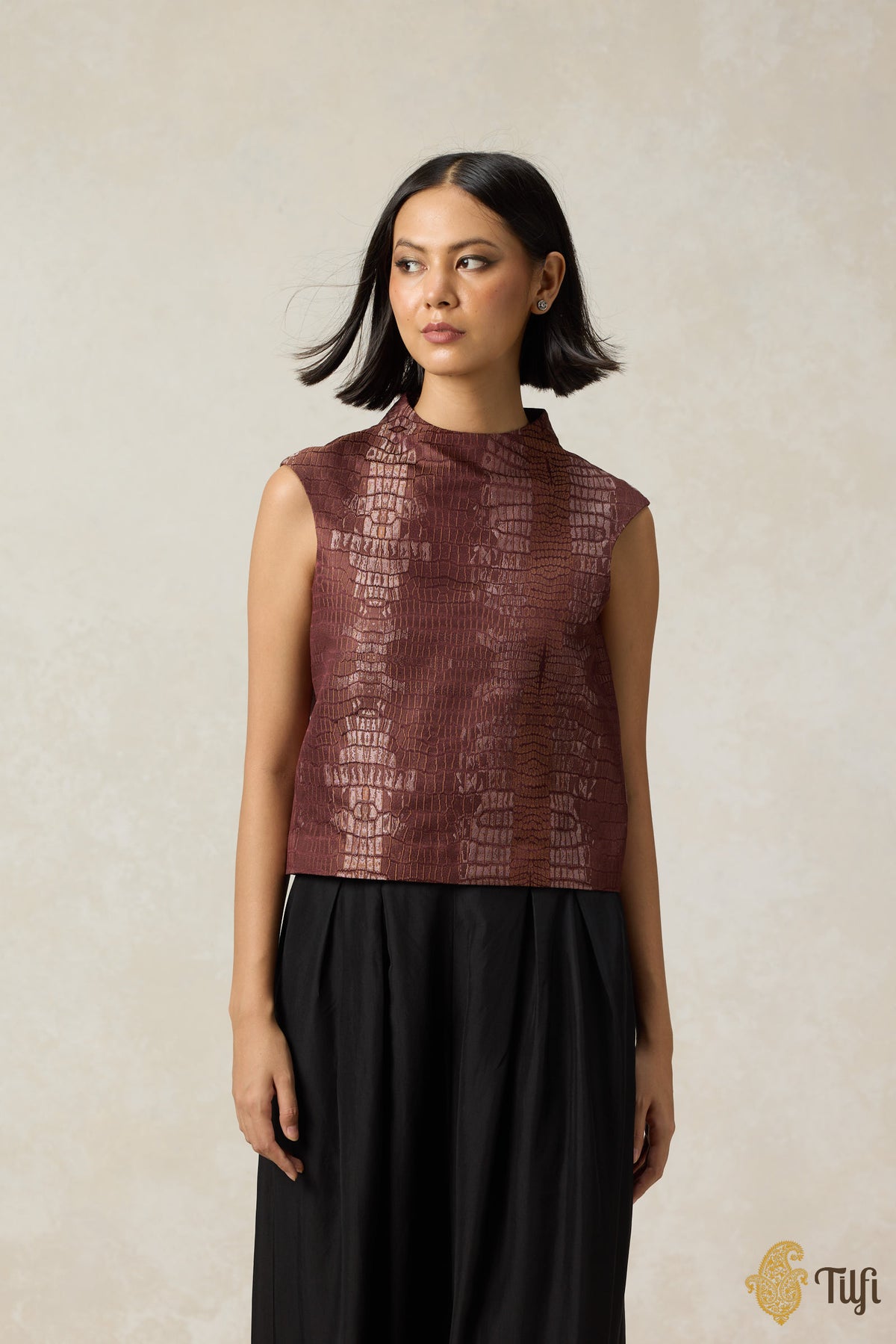 Copper Brown Pure Satin Silk Handwoven Crocodile Pattern Top