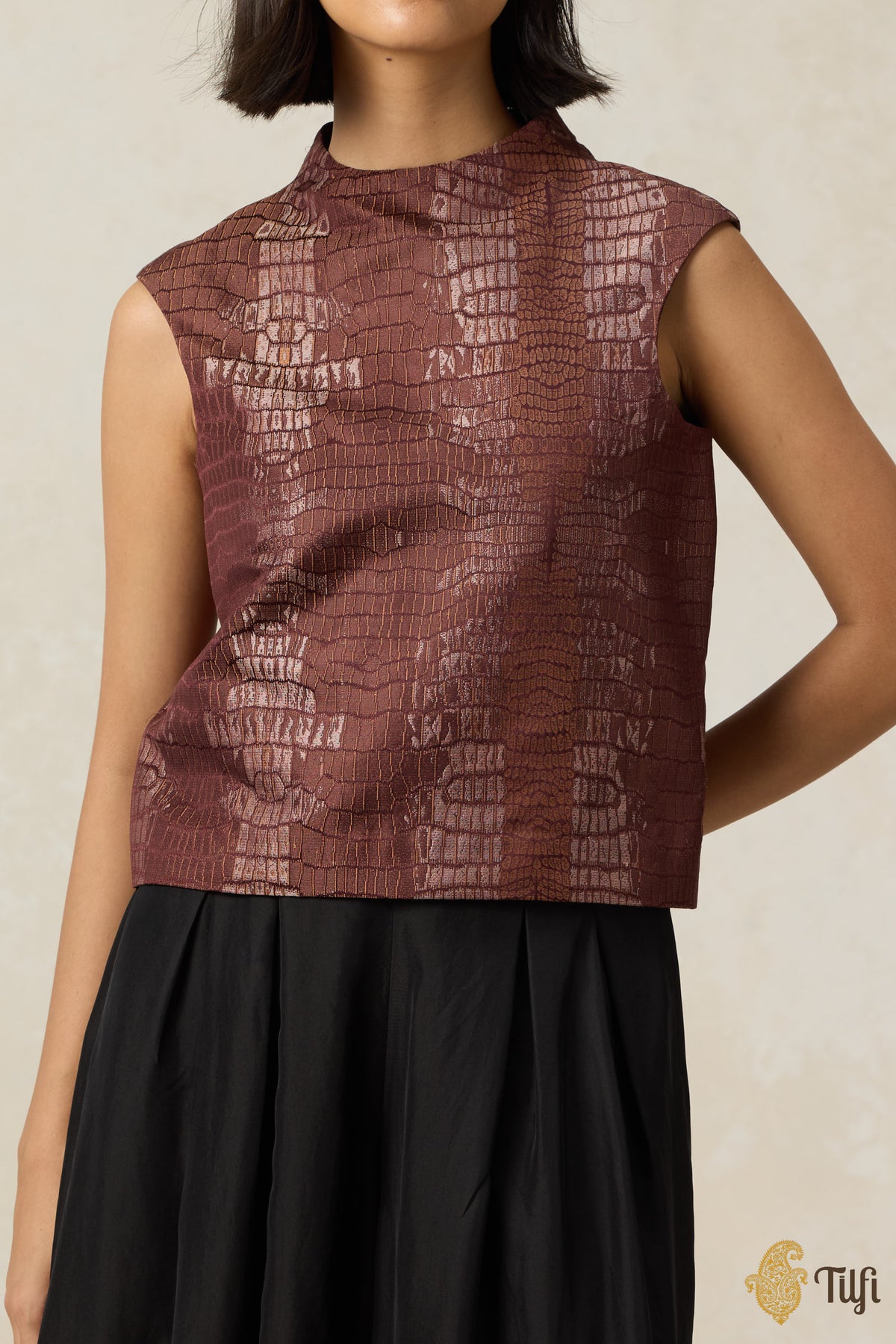 Copper Brown Pure Satin Silk Handwoven Crocodile Pattern Top