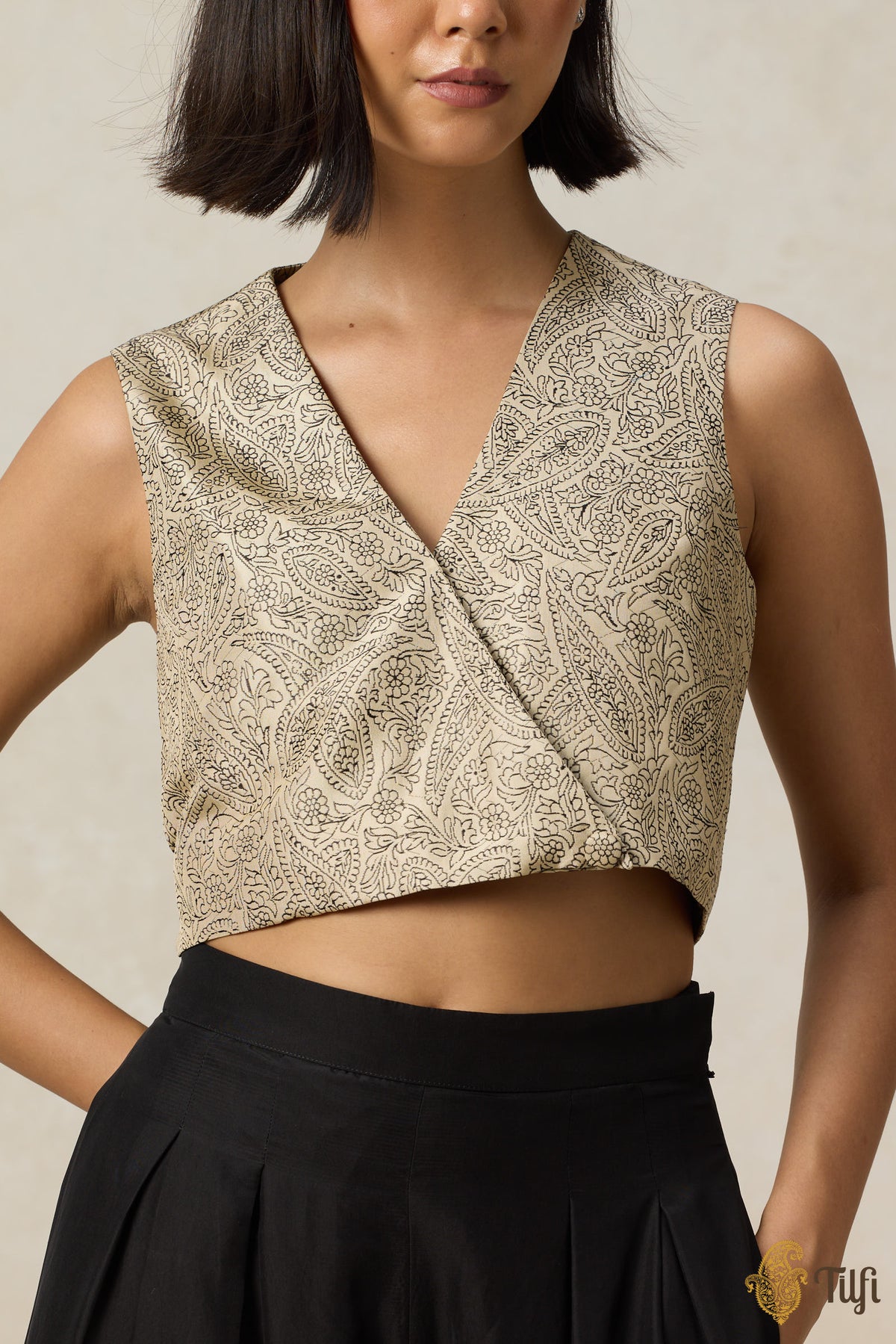 Beige Pure Katan Silk Handwoven Paisley Top