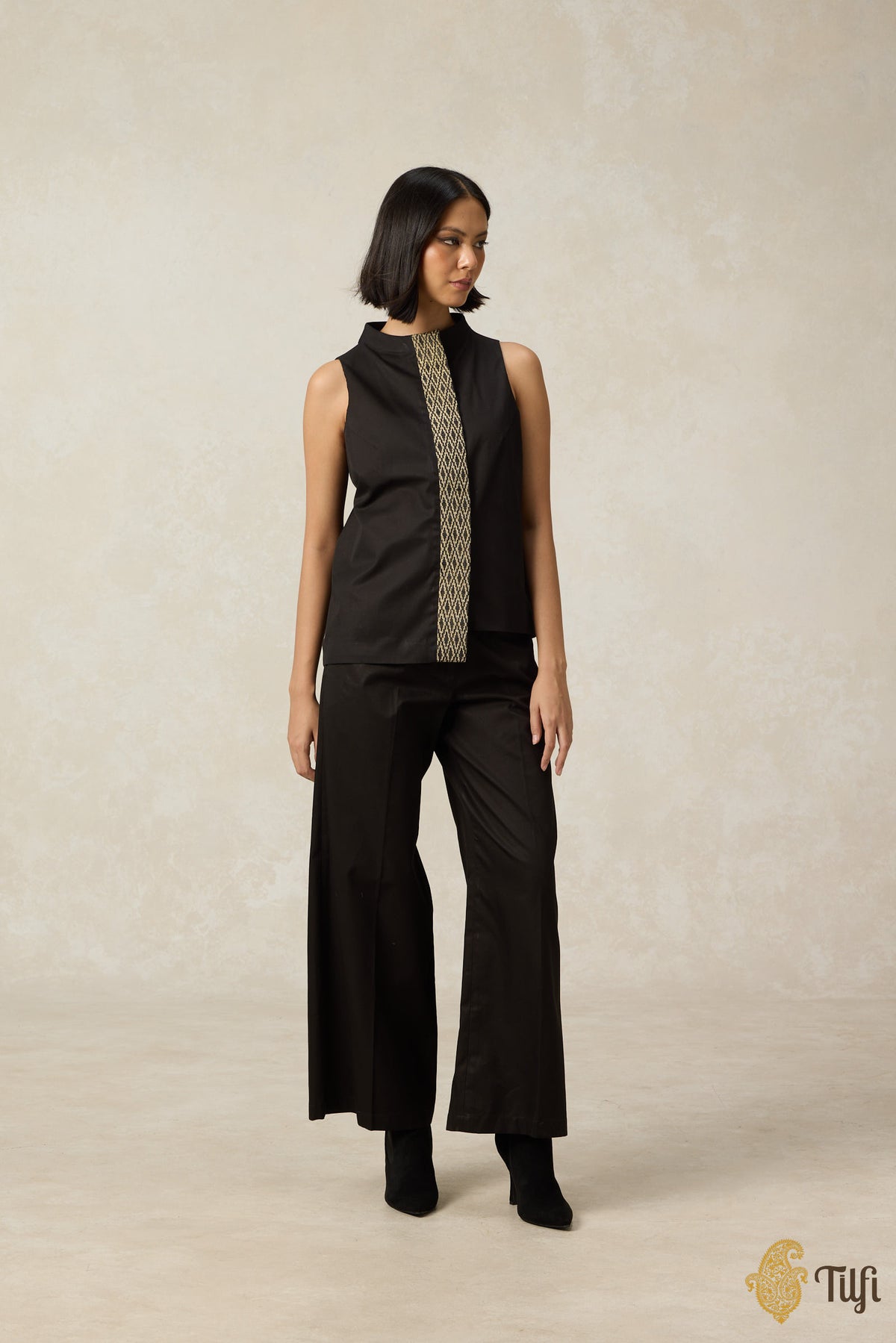 Black Cotton Twill Long Top with Handwoven Tissue