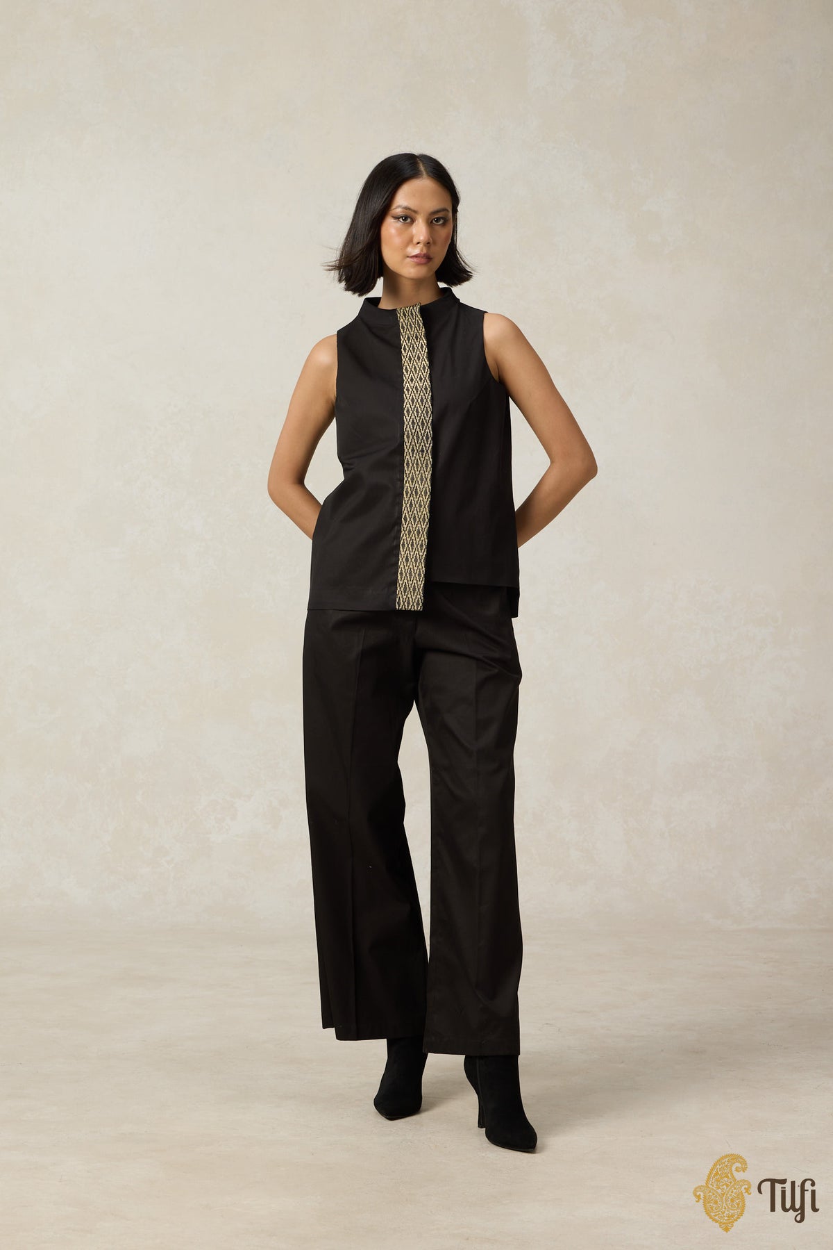 Black Cotton Twill Long Top with Handwoven Tissue