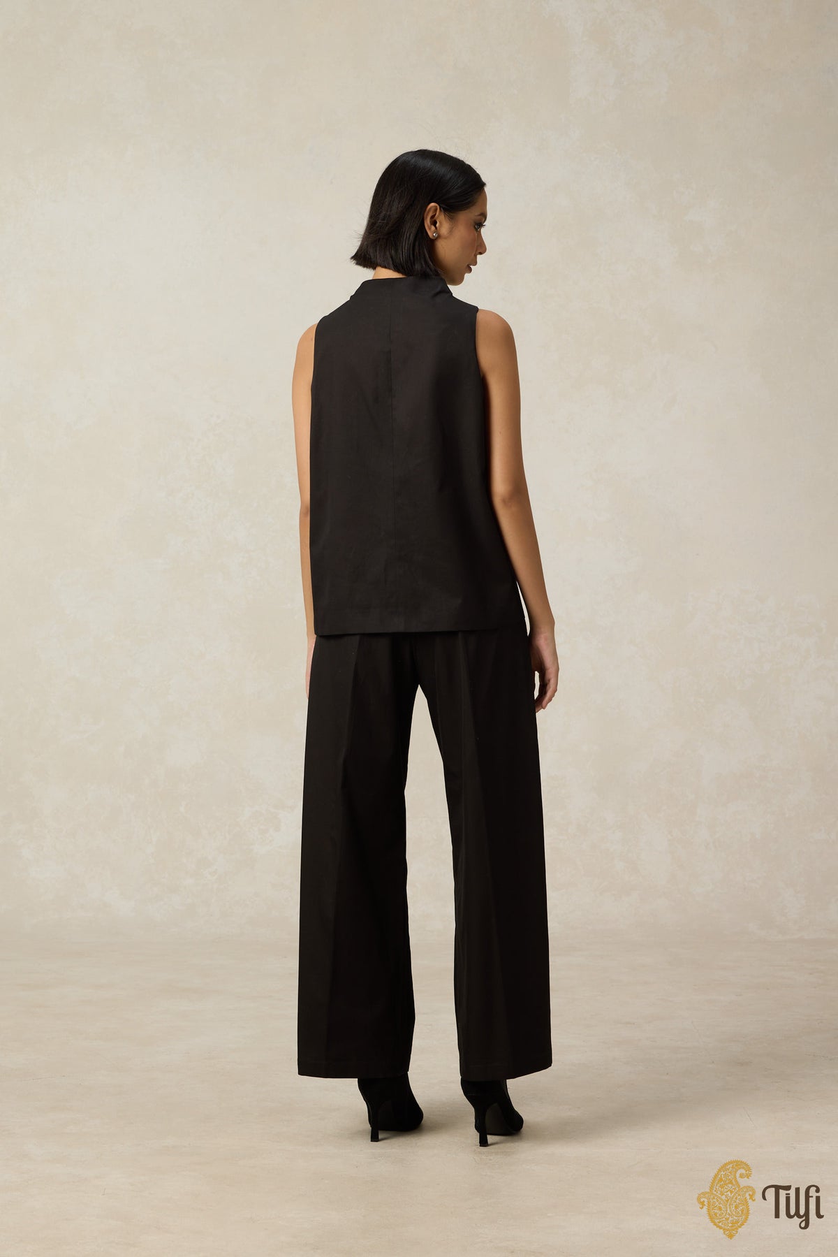 Black Cotton Twill Long Top with Handwoven Tissue