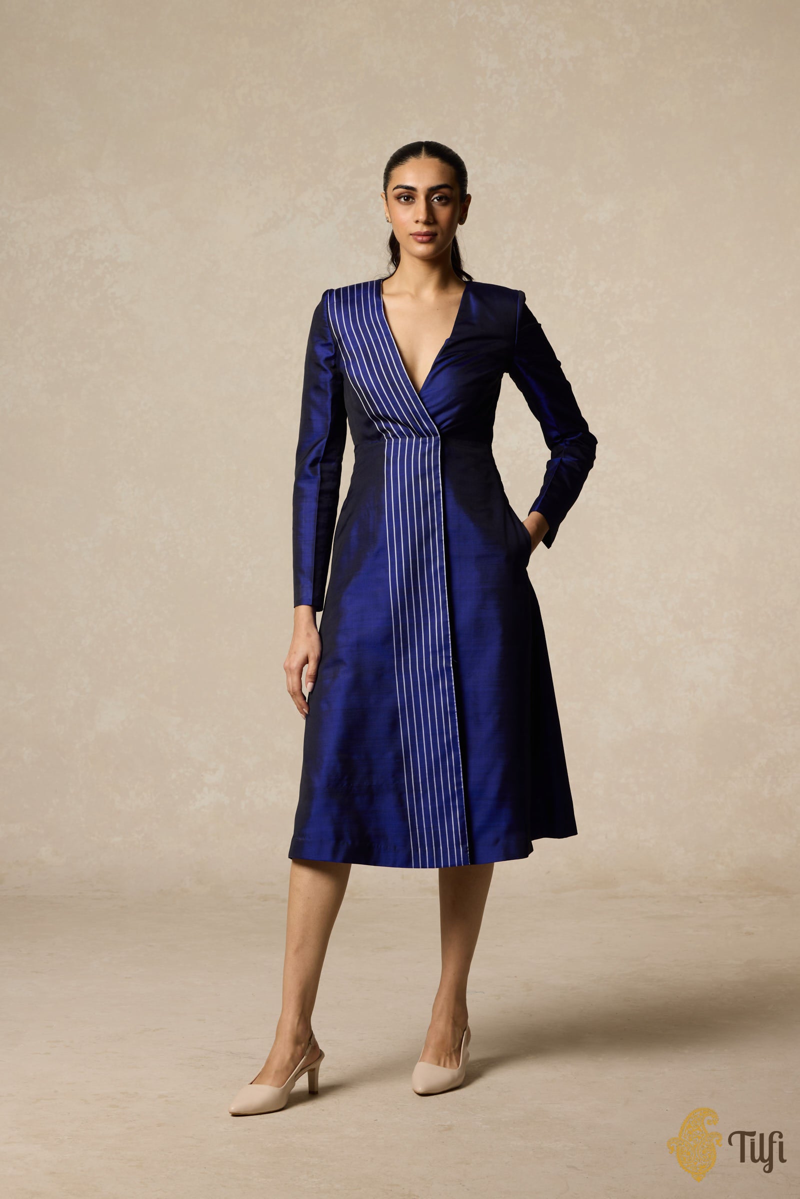 Blue Handwoven Pure Silk Twill Wrap Dress Blue Handwoven Pure Silk Twill Wrap Dress