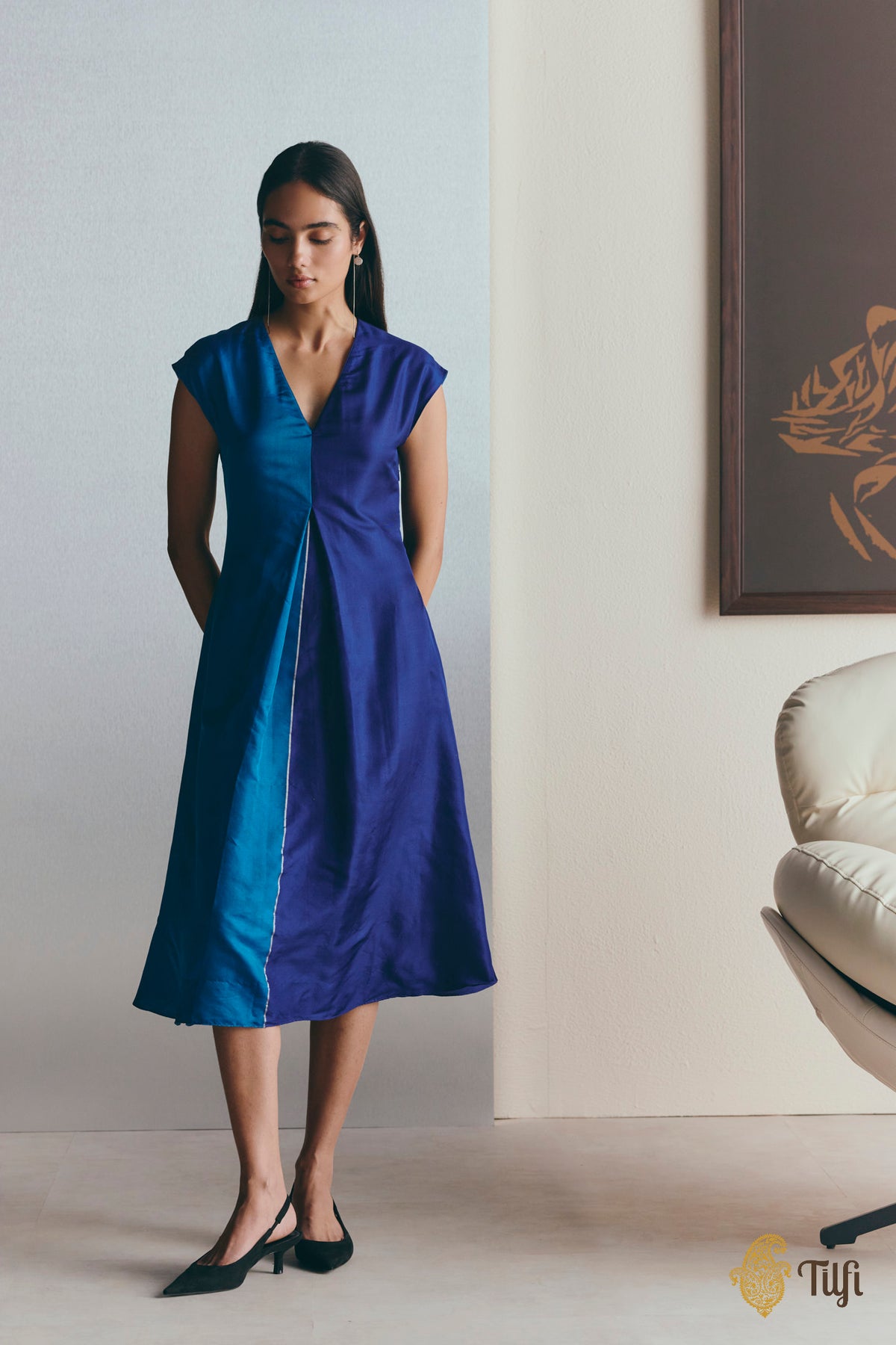 Blue Handwoven Pure Silk Twill Dress