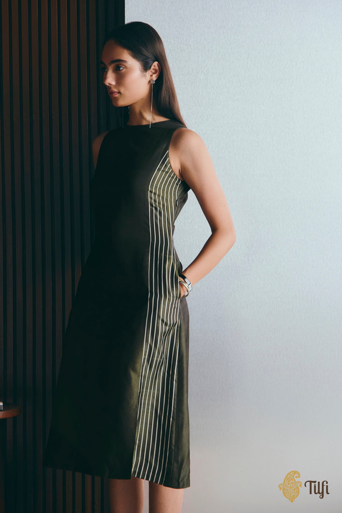 Green Handwoven Pure Silk Twill Dress