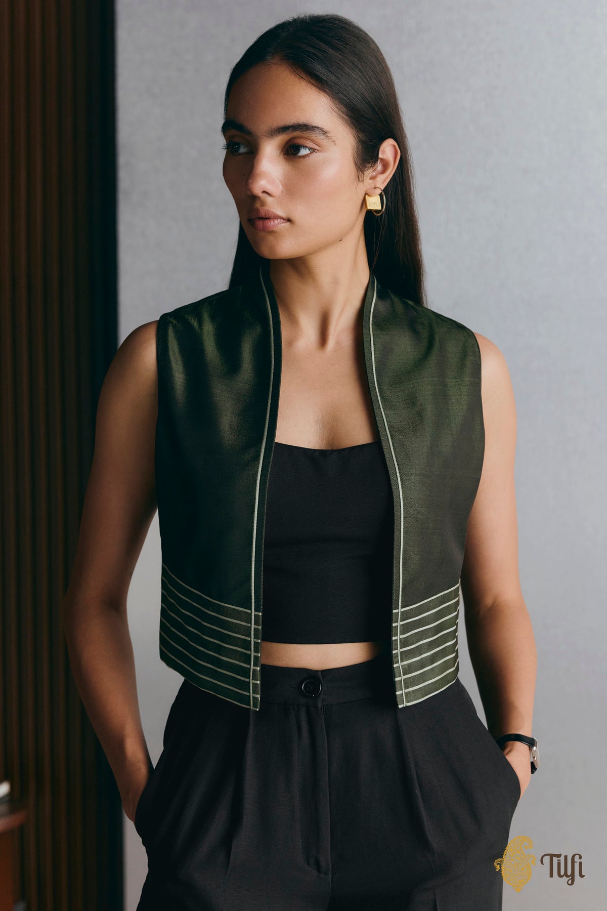 Green Handwoven Pure Silk Twill Jacket Set