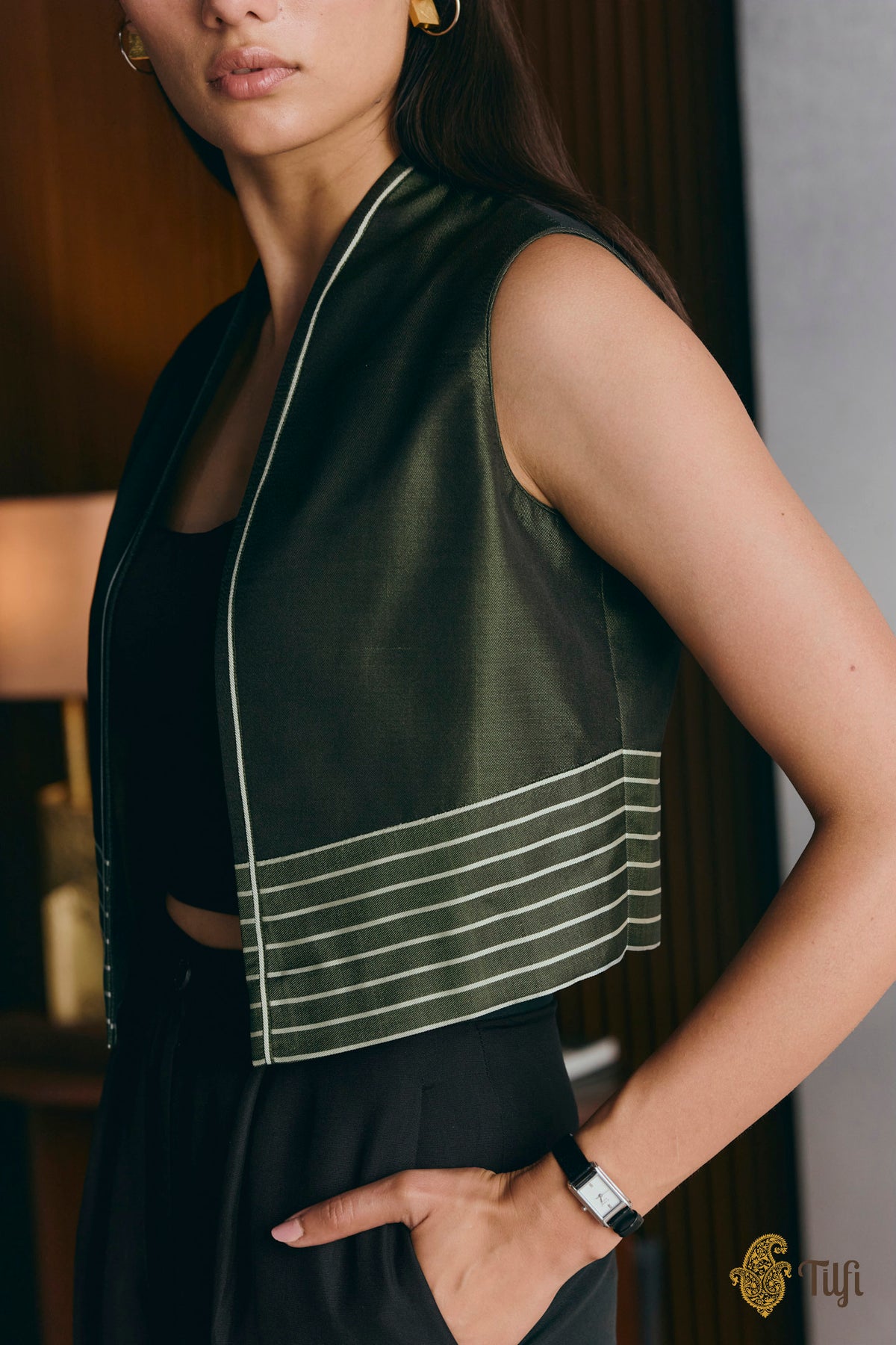 Green Handwoven Pure Silk Twill Jacket Set