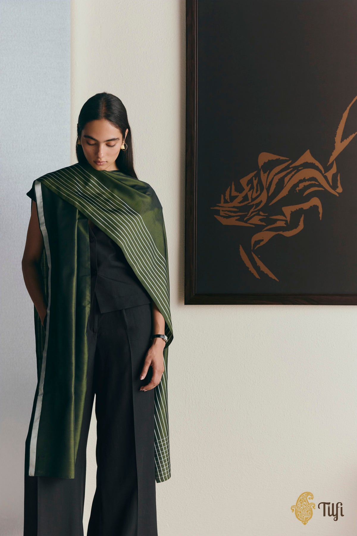 Green Handwoven Pure Silk Twill Constructed Stole