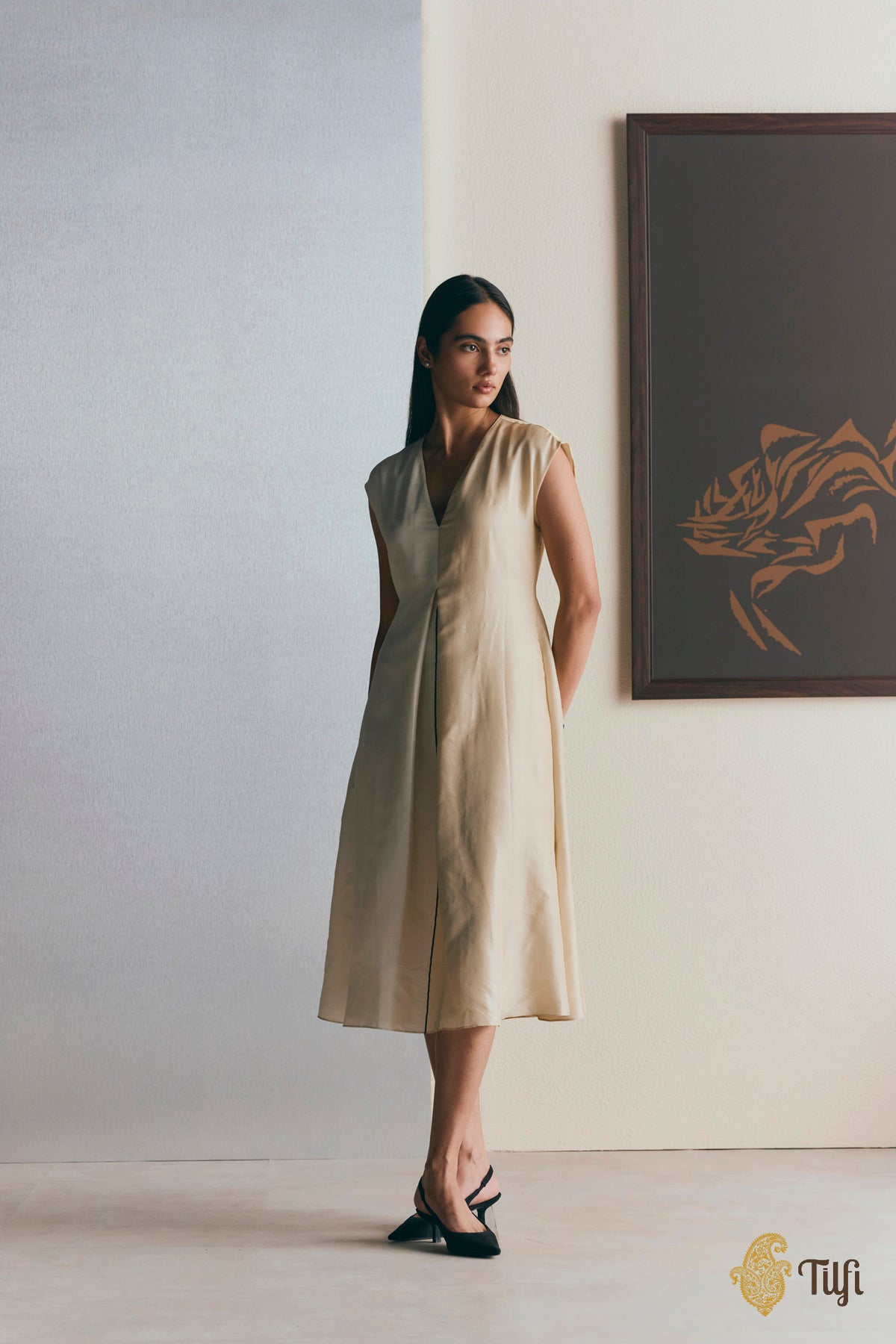 Off White Handwoven Pure Silk Twill Dress
