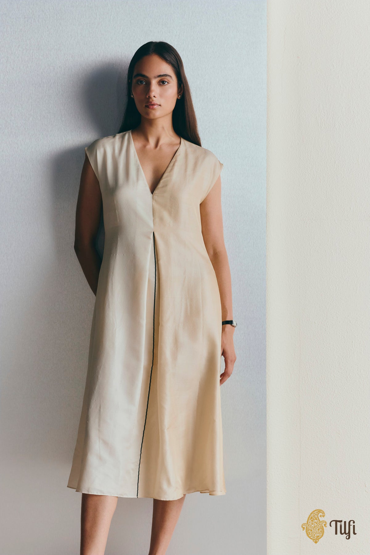 Off White Handwoven Pure Silk Twill Dress