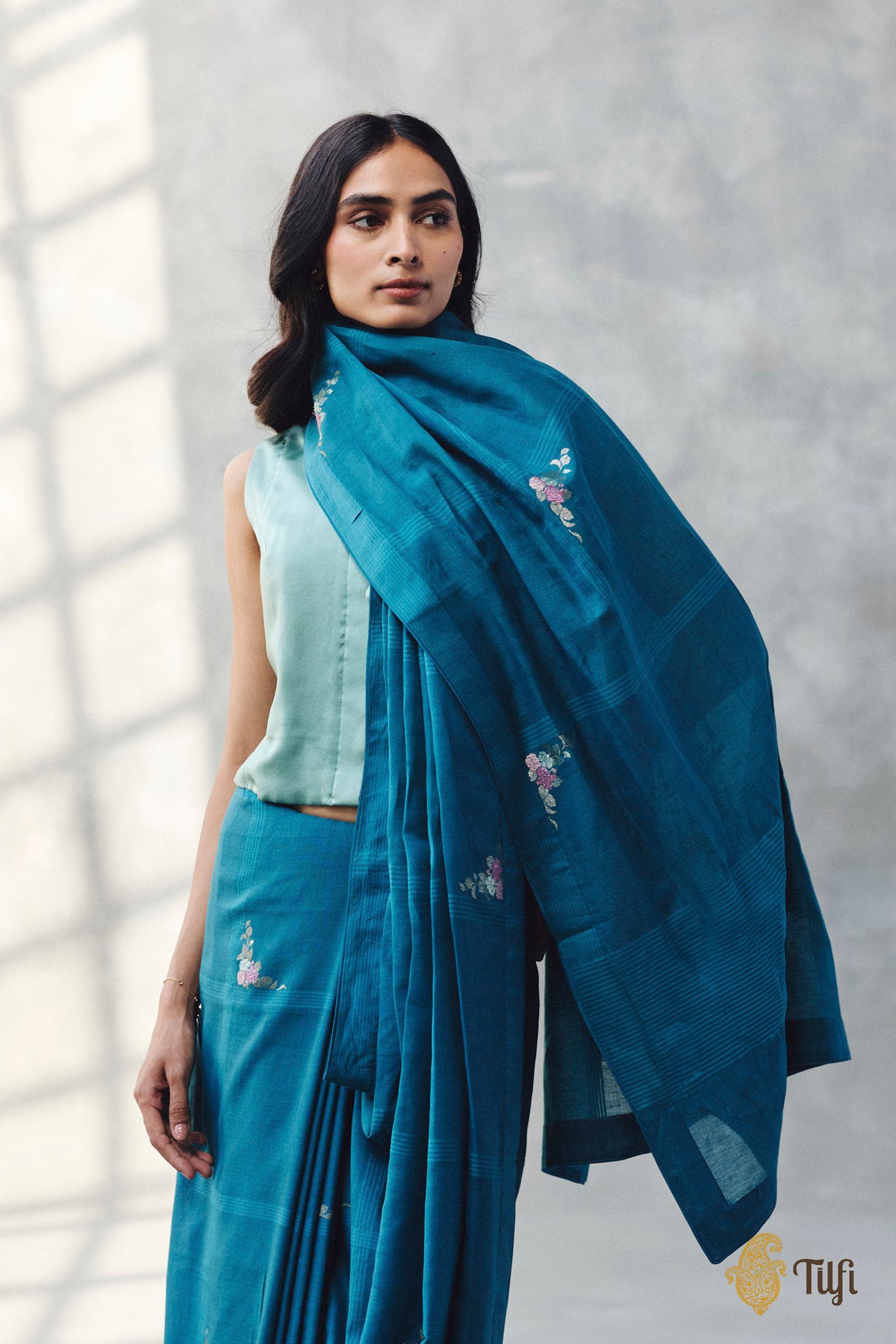 'Nilima' Teal Blue Pure Cotton Linen Banarasi Handloom Saree
