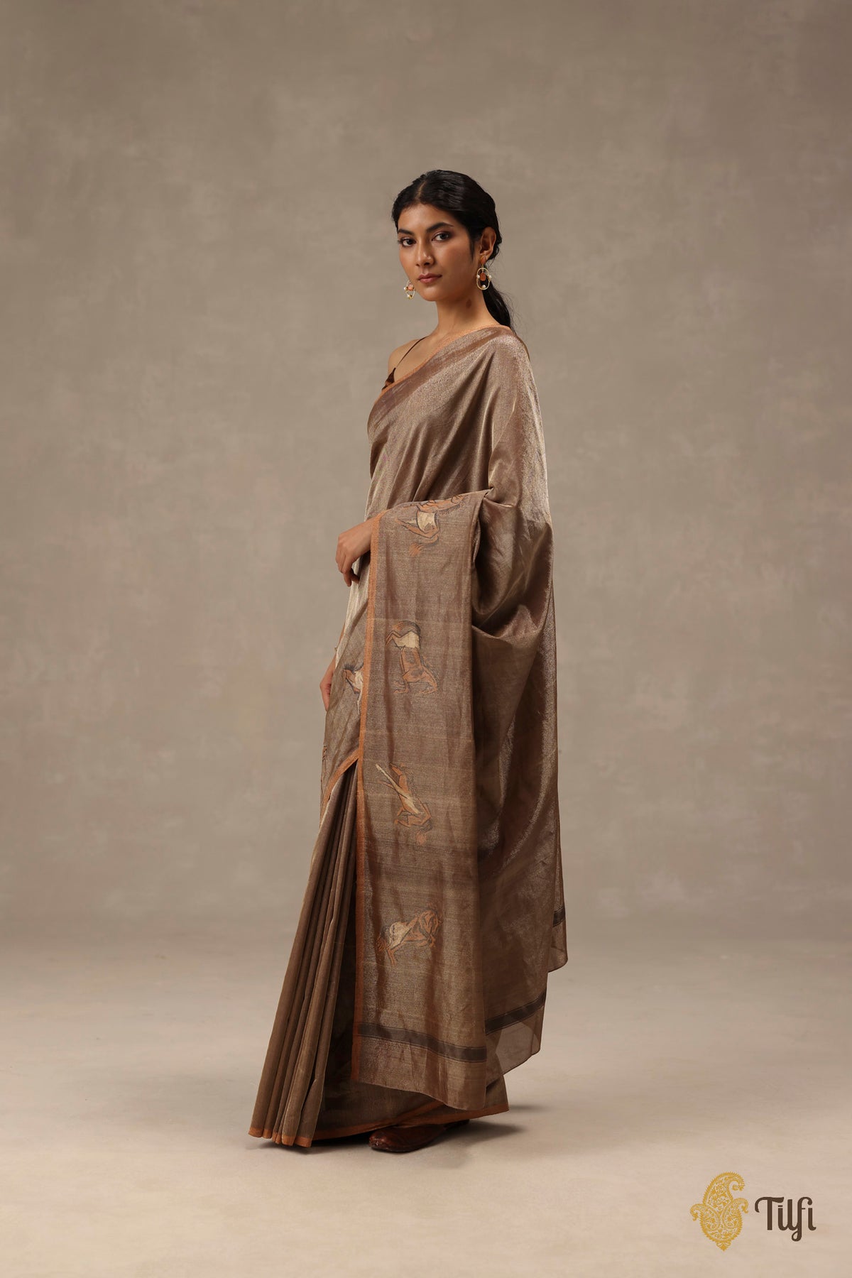 'Dashāshva' Brown-Gold Pure Katan Silk Tissue Dampach Saree