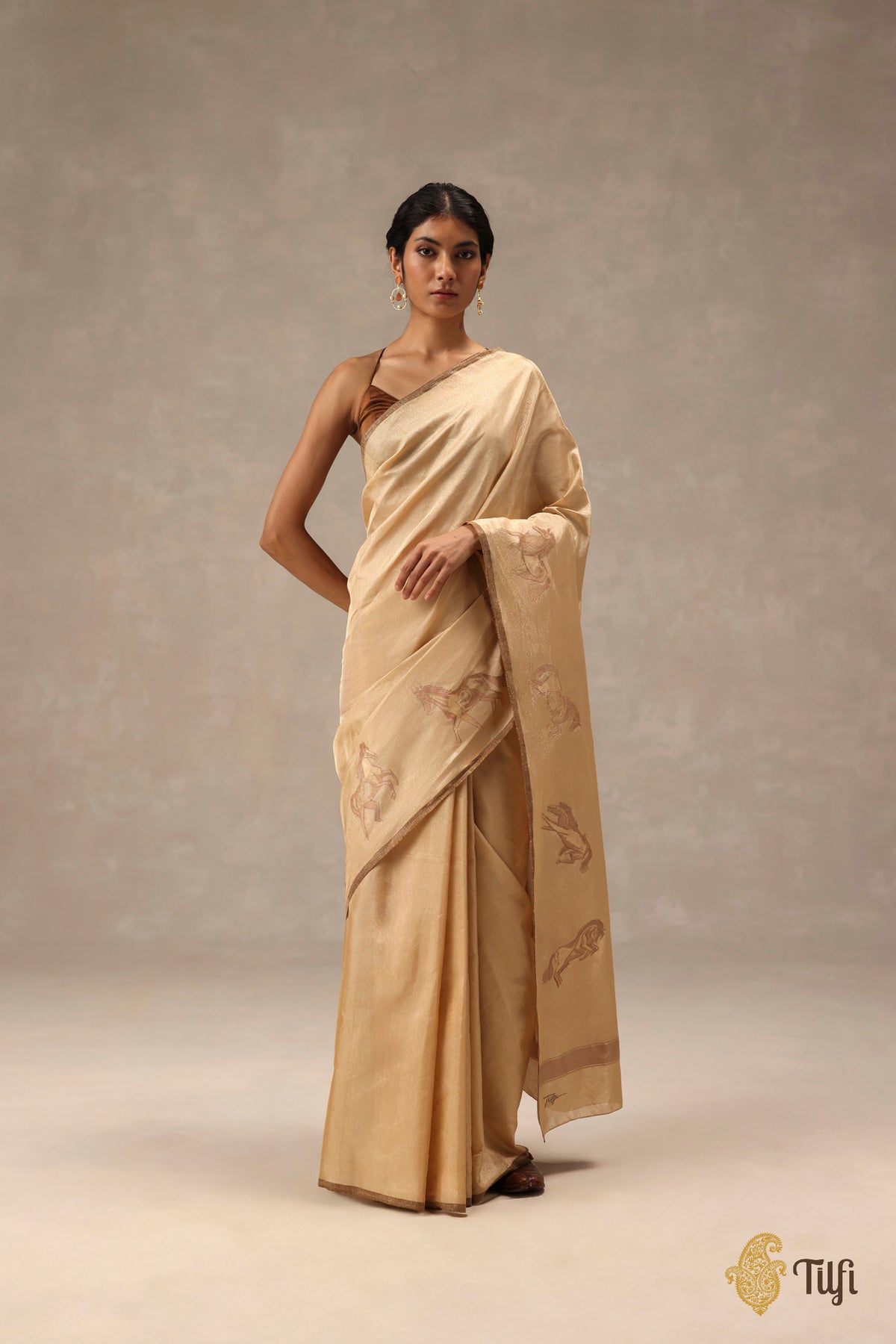 'Dashāshva' Beige-Gold Pure Katan Silk Tissue Dampach Saree