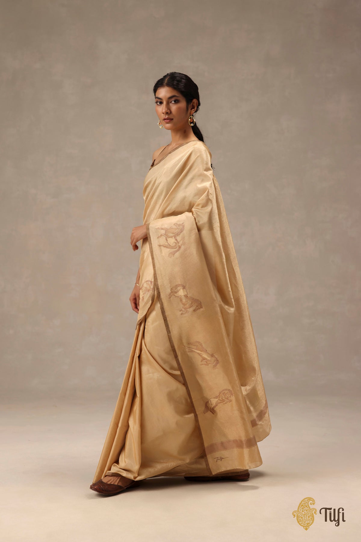 'Dashāshva' Beige-Gold Pure Katan Silk Tissue Dampach Saree