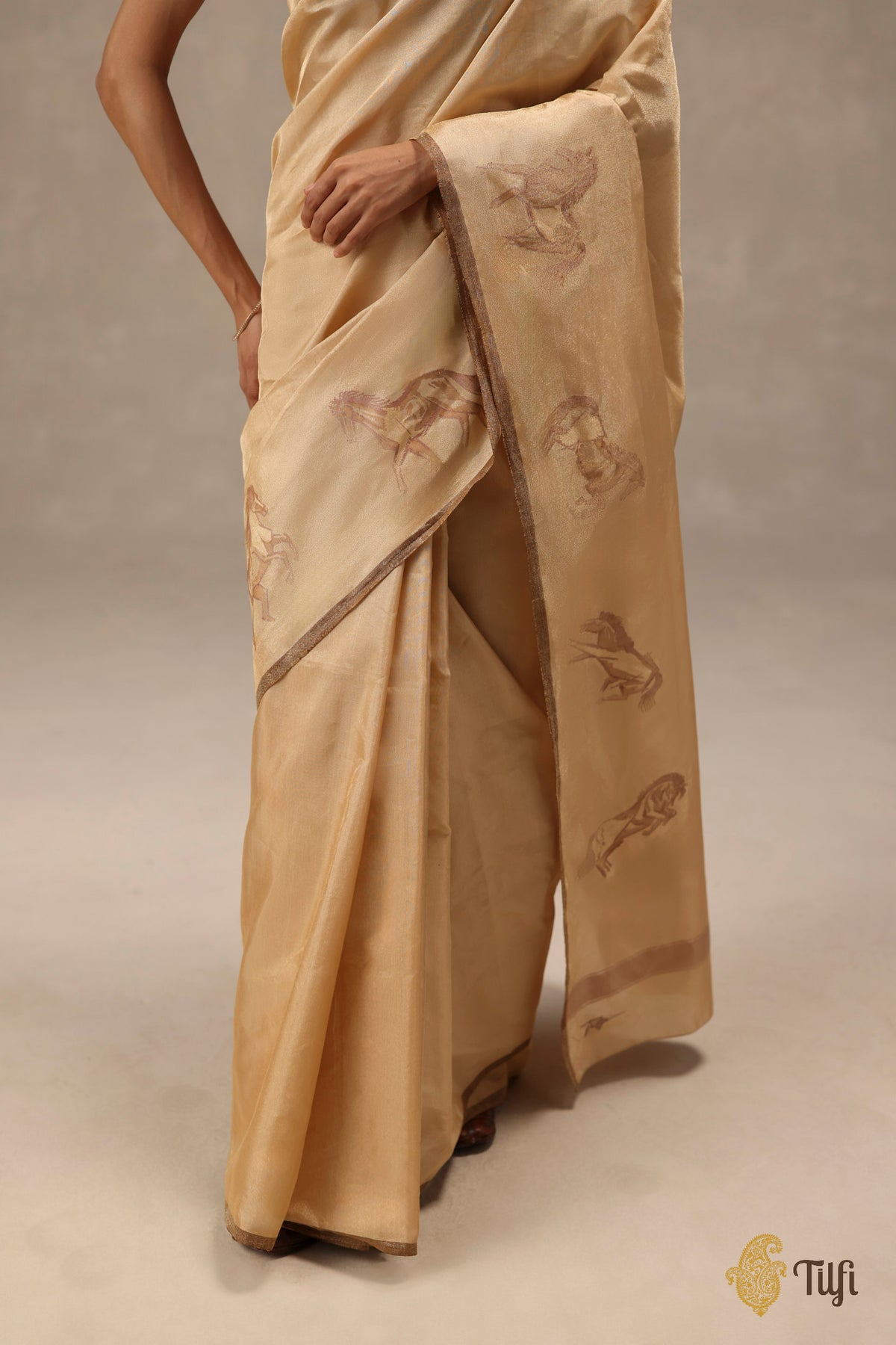 'Dashāshva' Beige-Gold Pure Katan Silk Tissue Dampach Saree