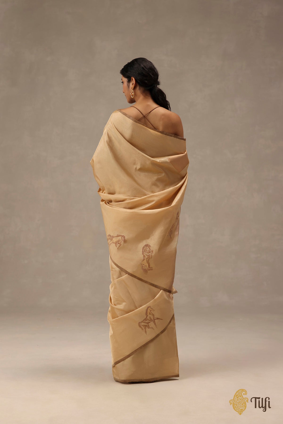 'Dashāshva' Beige-Gold Pure Katan Silk Tissue Dampach Saree