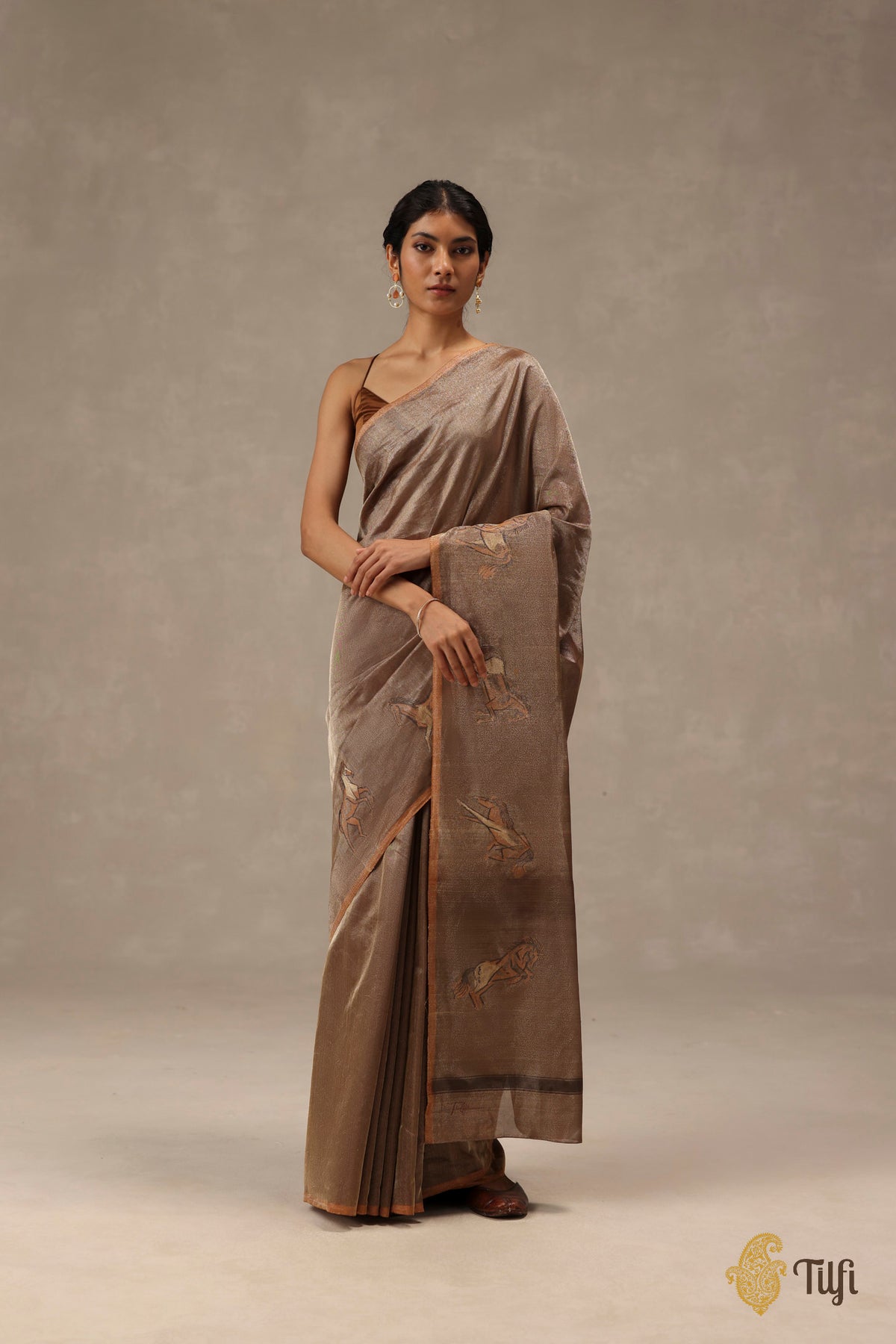 'Dashāshva' Brown-Gold Pure Katan Silk Tissue Dampach Saree