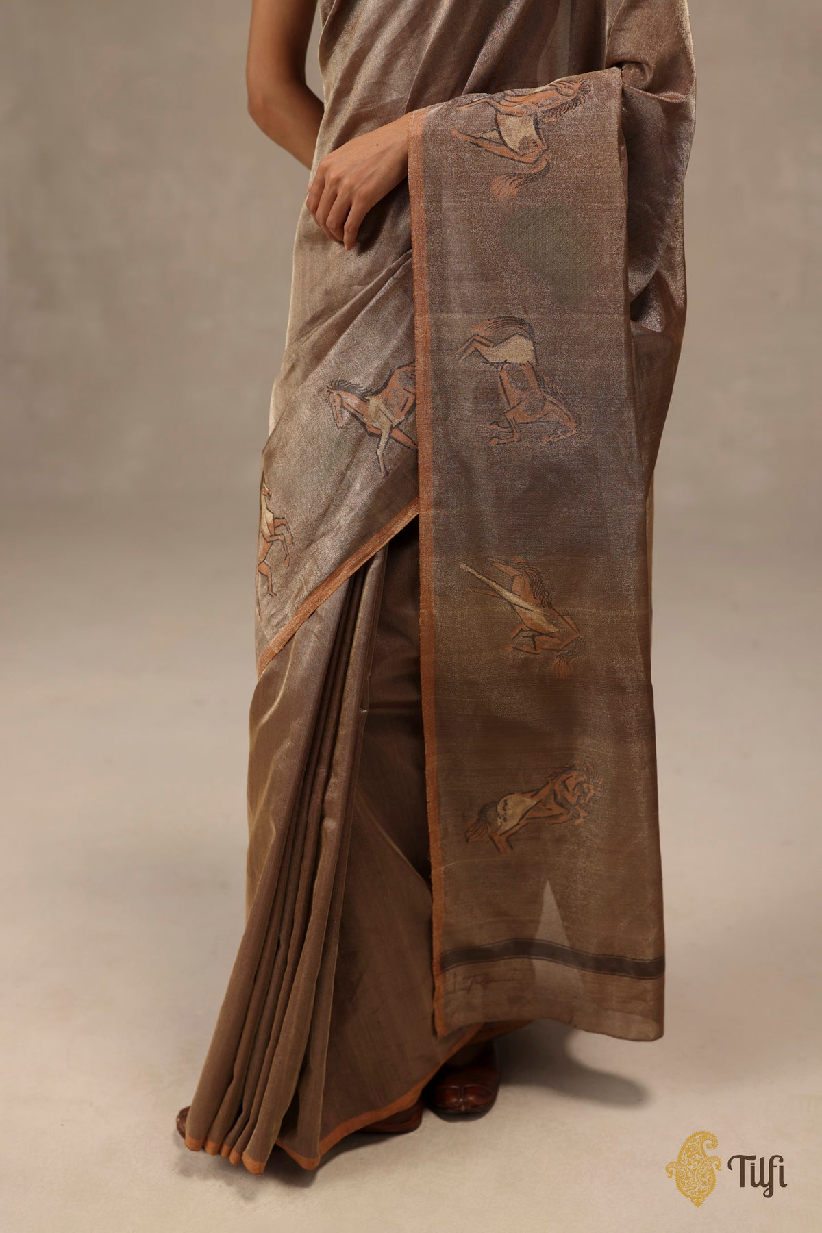 'Dashāshva' Brown-Gold Pure Katan Silk Tissue Dampach Saree