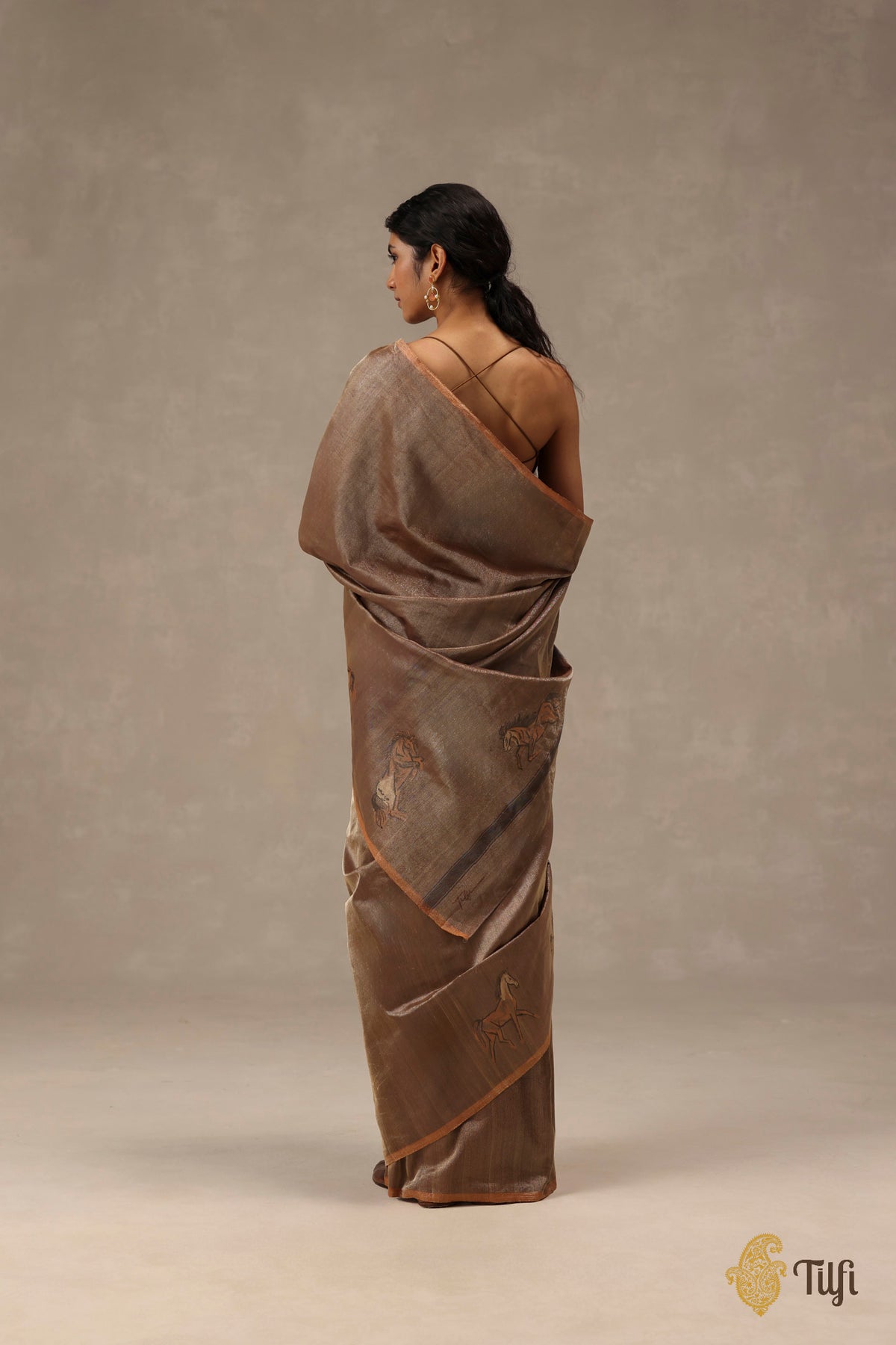 'Dashāshva' Brown-Gold Pure Katan Silk Tissue Dampach Saree